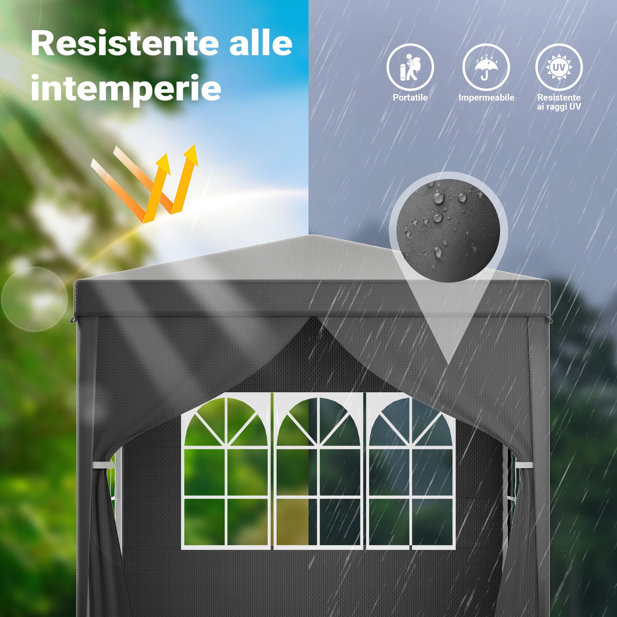Toboli Gazebo 3x3 m Grigio con Lati e Finestre