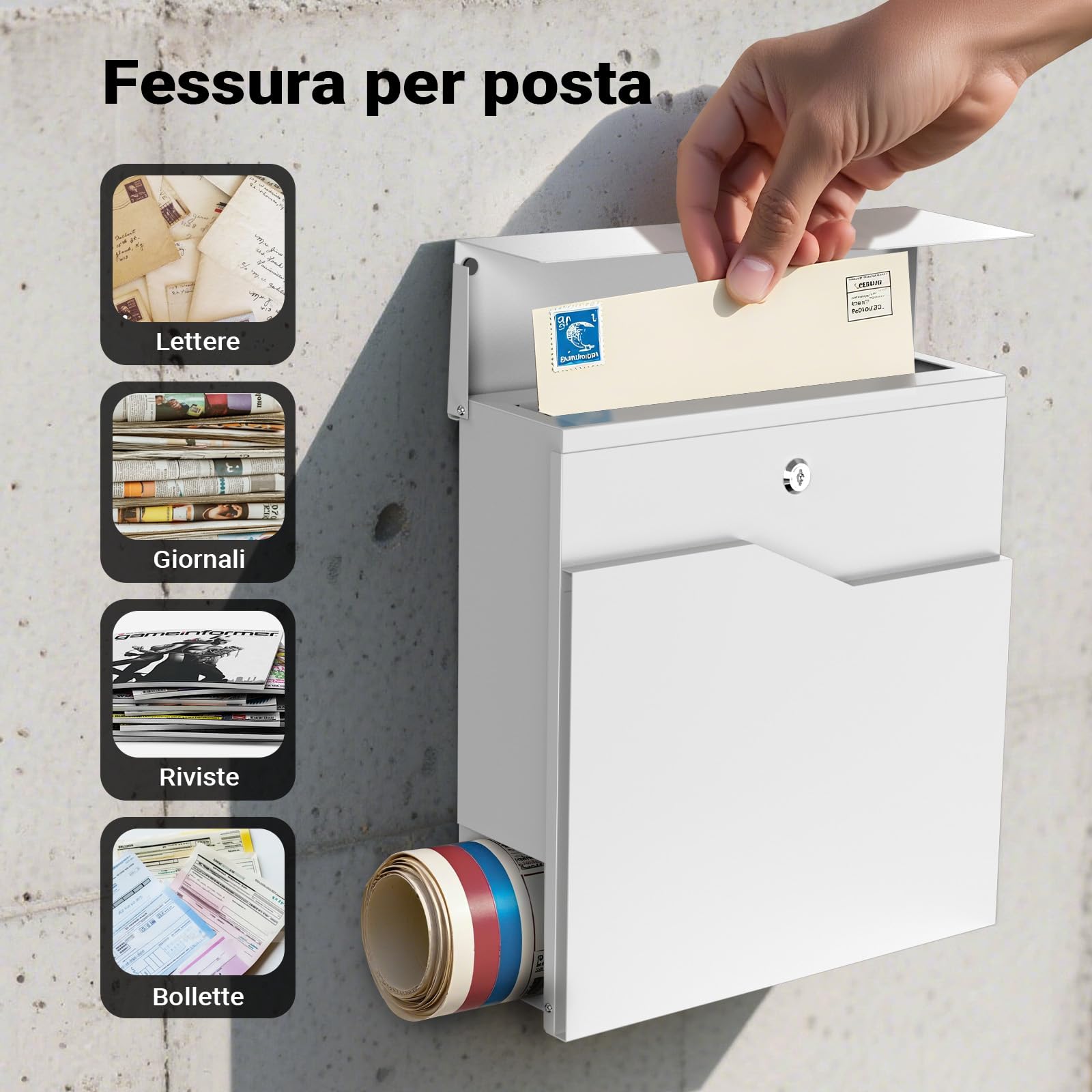 Wiltec V19 cassetta postale bianca con portagiornale acciaio