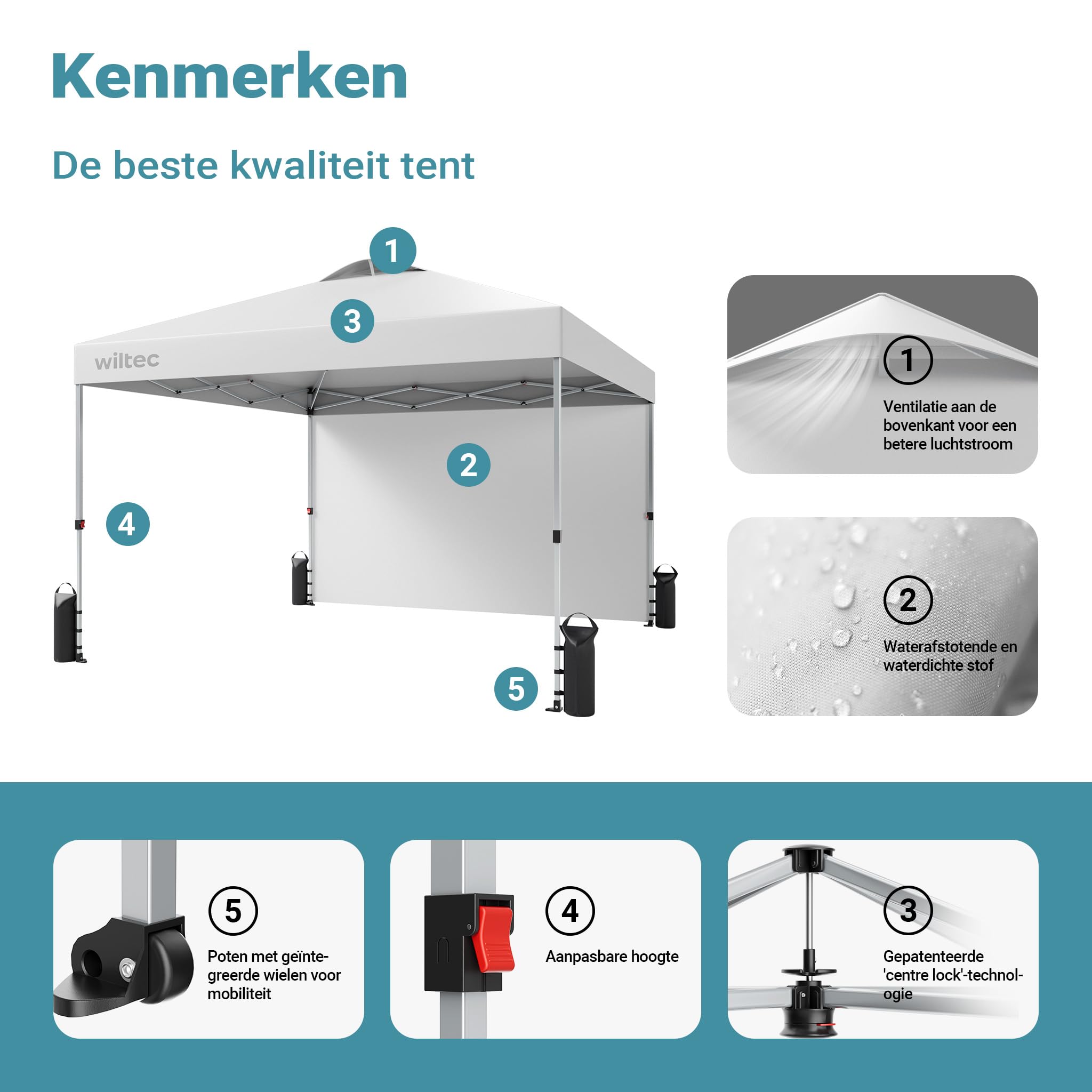 Wiltec Gazebo Pieghevole Pop-Up 3x3 m Bianco con Parete