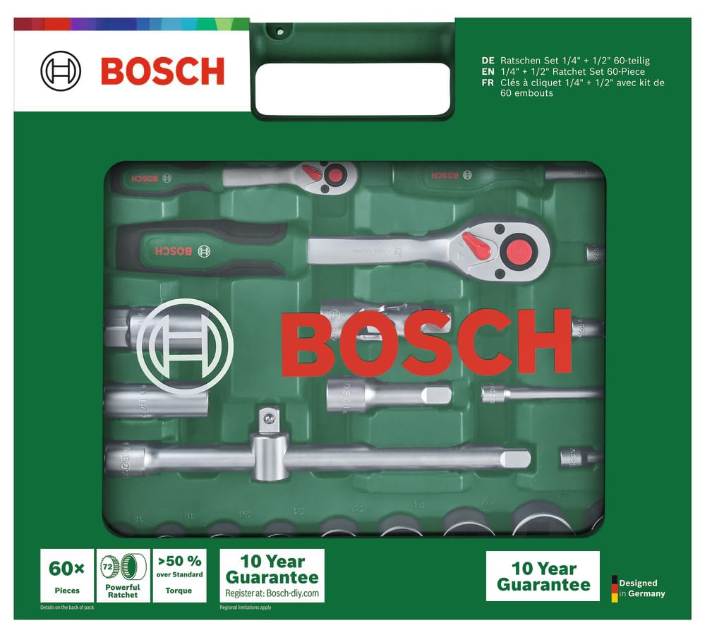 Bosch Set cricchetti bussole 60 pezzi 1/4"+1/2" presa salda