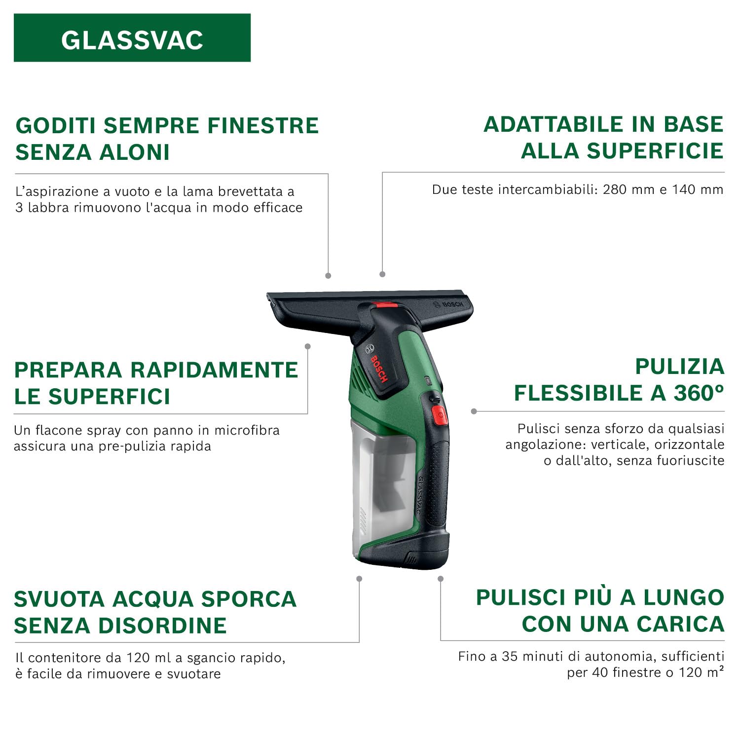 Bosch GLASSVAC lavavetri a batteria con spray e panno