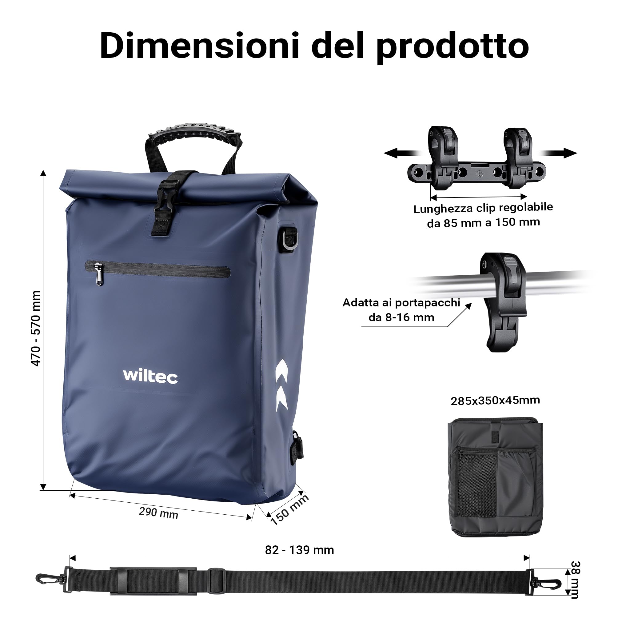 Wiltec 4in1 borsa bici portapacchi 25 L blu impermeabile