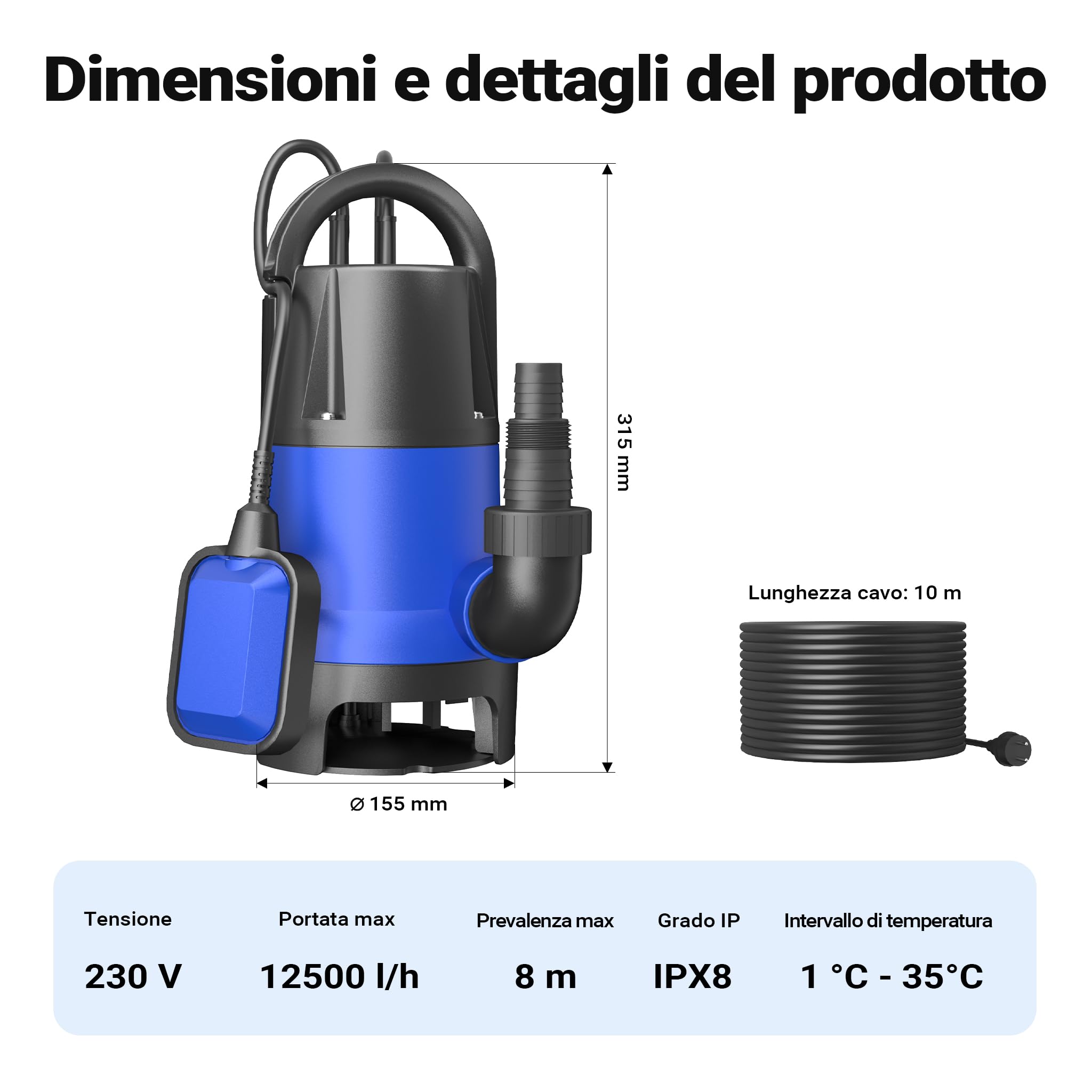 Wiltec Pompa Sommersa Acque Nere 750W 12500 l/h