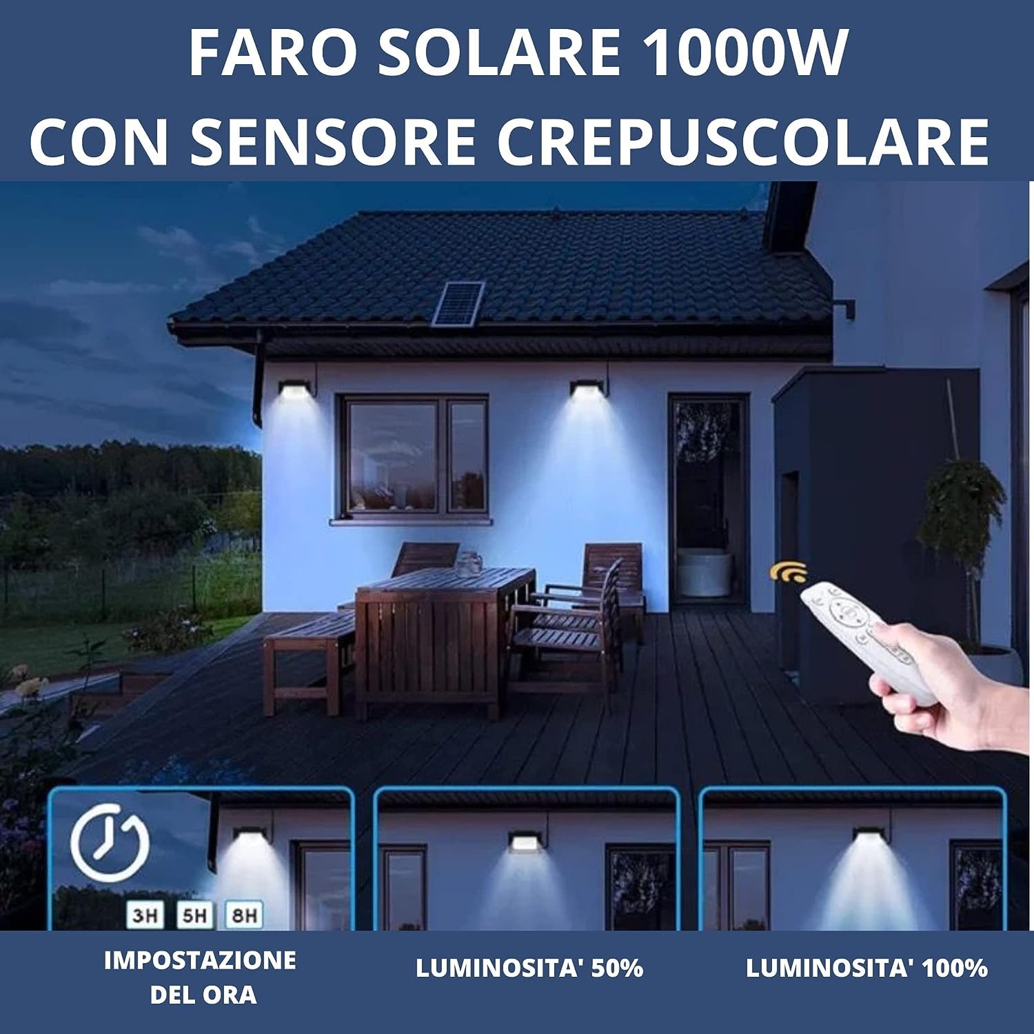 DE ROSA SHOP faro solare LED 1000W esterno set 3pz