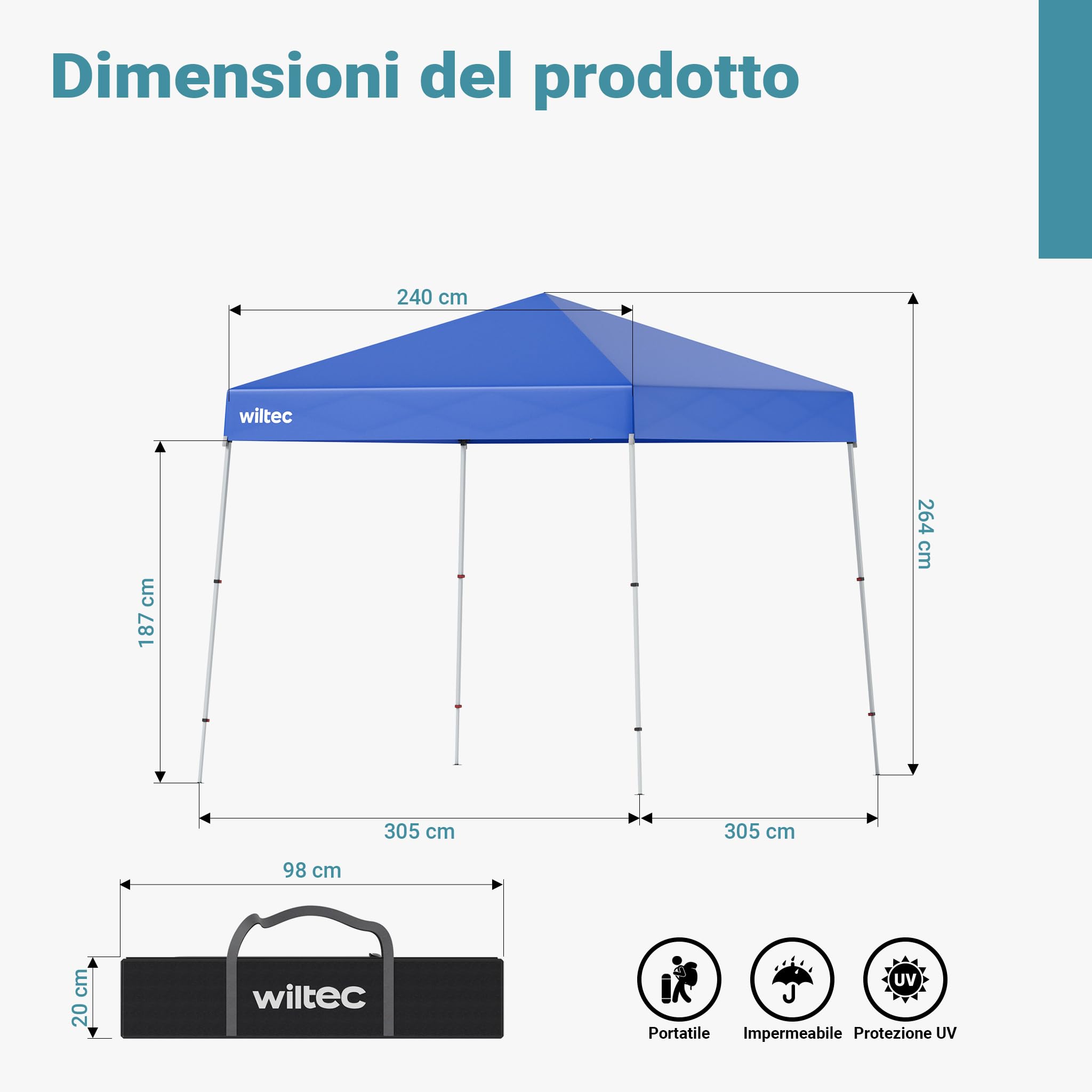 Wiltec Gazebo Pieghevole Blu 2,5x2,5 m Telo 190T