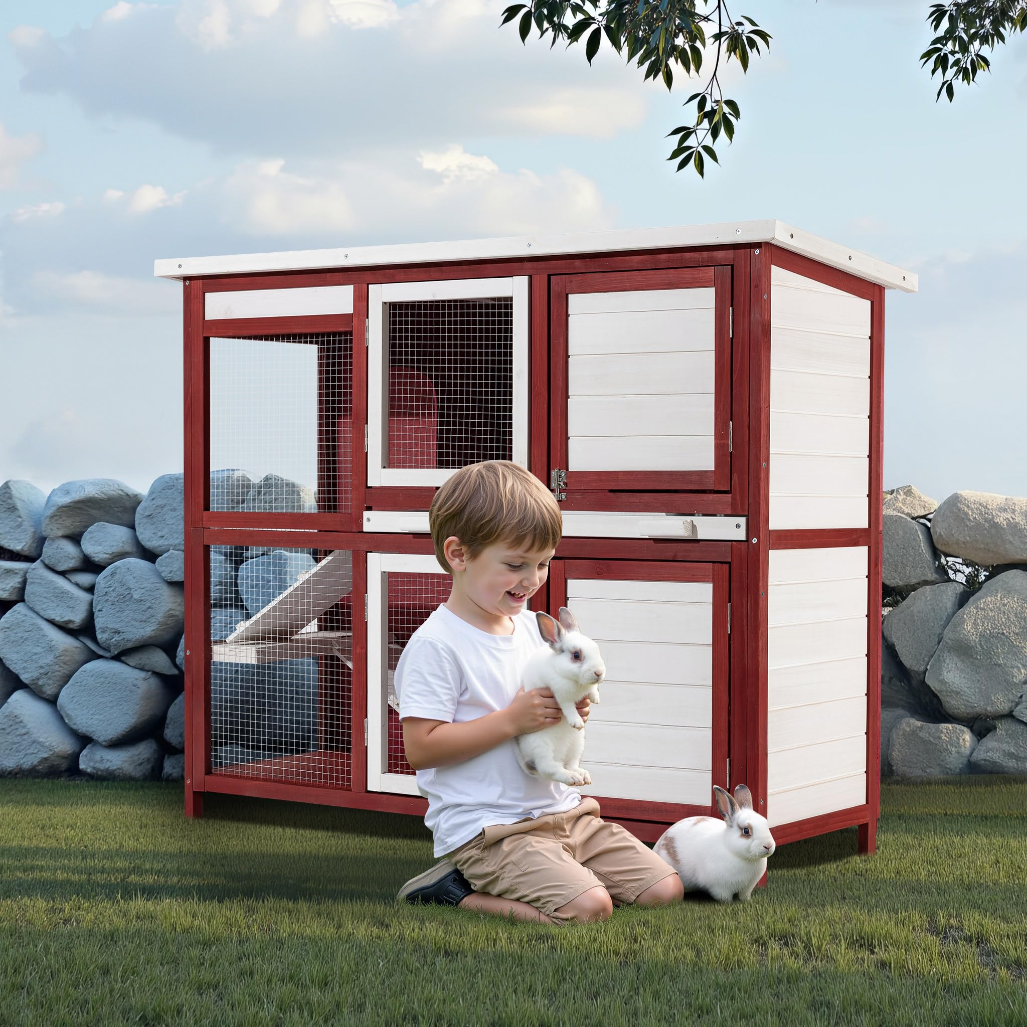Wiltec Conigliera 2 piani legno 117,5 cm rosso-bianco