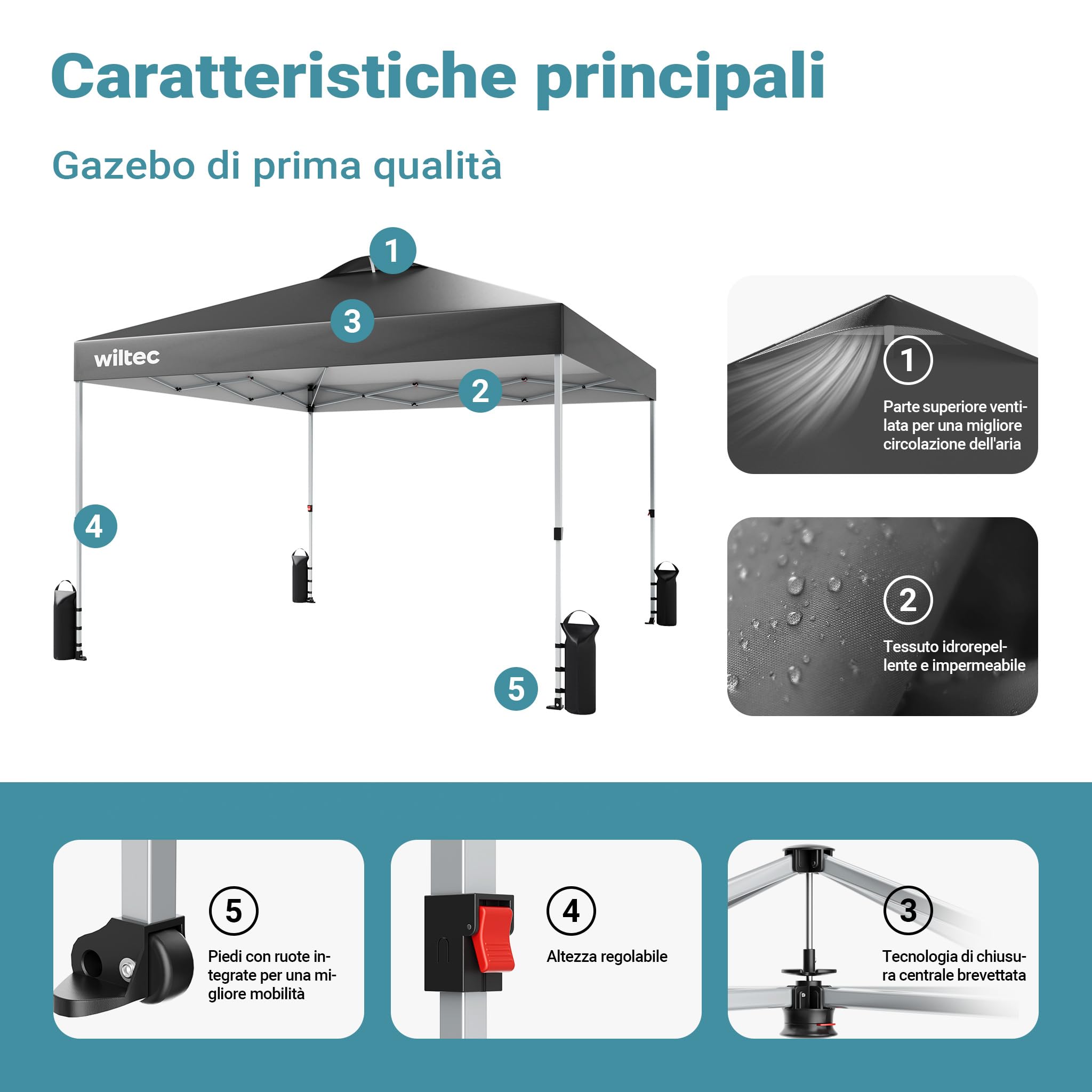 Wiltec gazebo pieghevole pop-up grigio 3x3m ruote