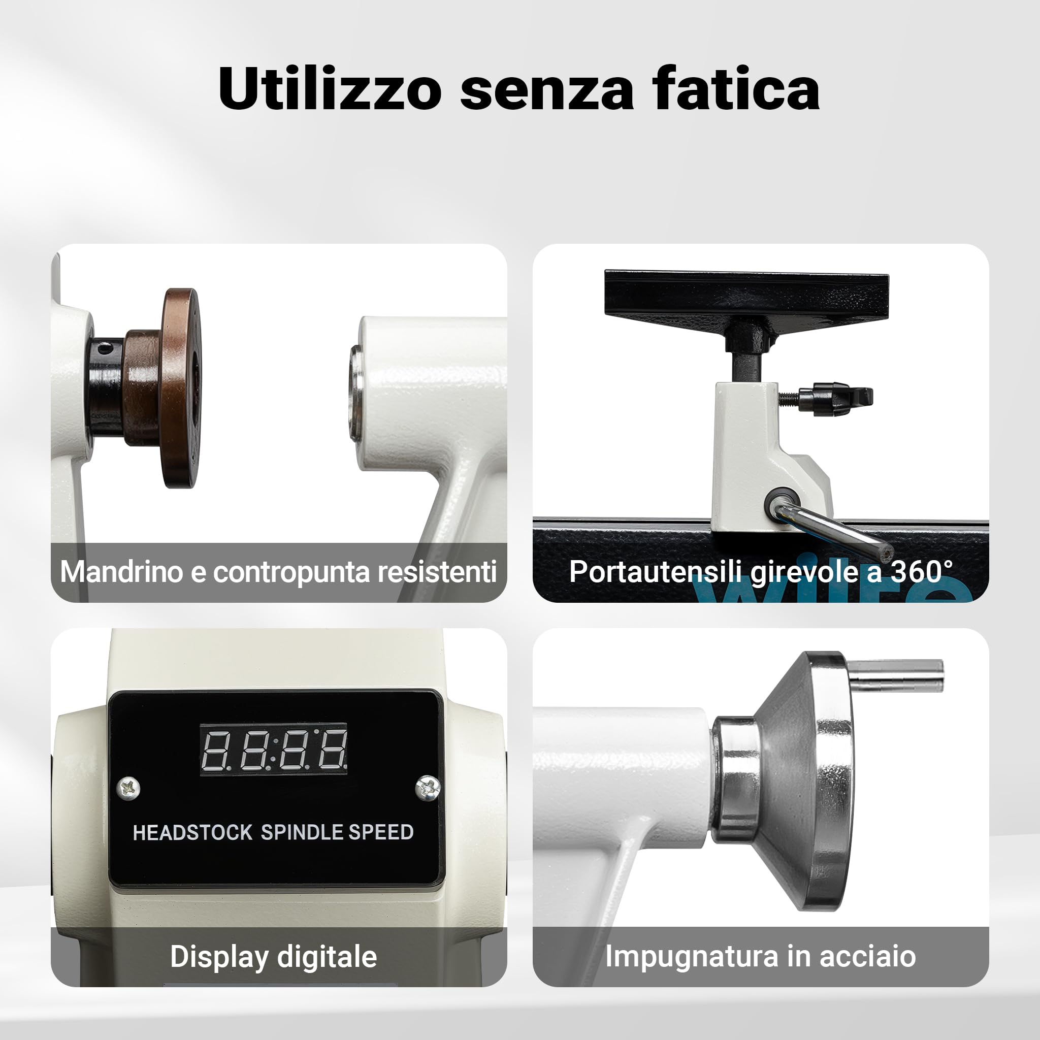 Wiltec Tornio per Legno 550 W 650-3800 giri/min in Ghisa