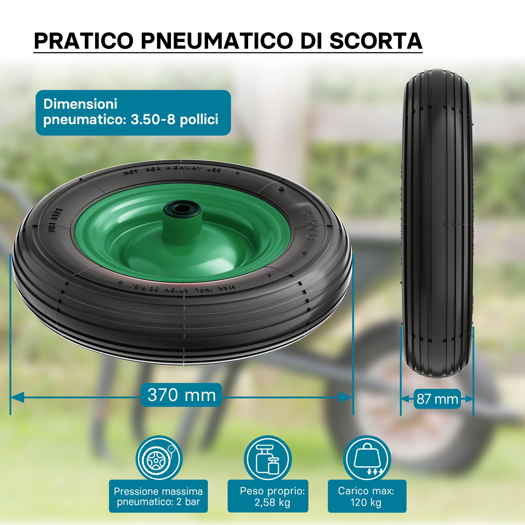 Wiltec ruota carriola 3.50-8 120 kg gomma