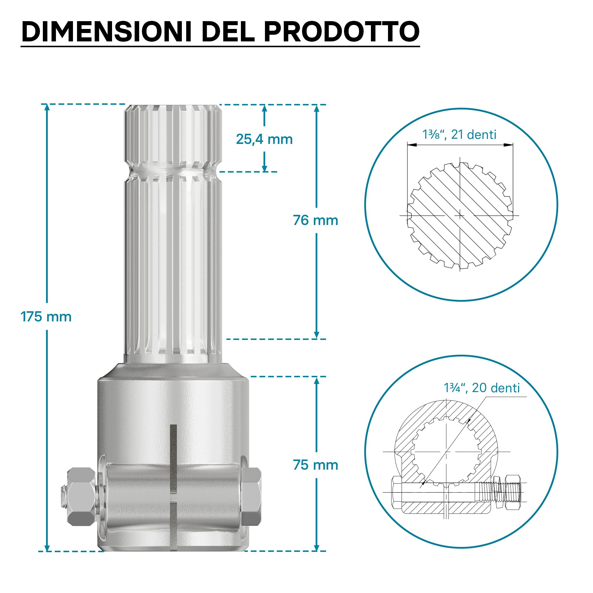 Wiltec Boccola Albero Cardanico 175 mm 1 3/8" 21 Denti