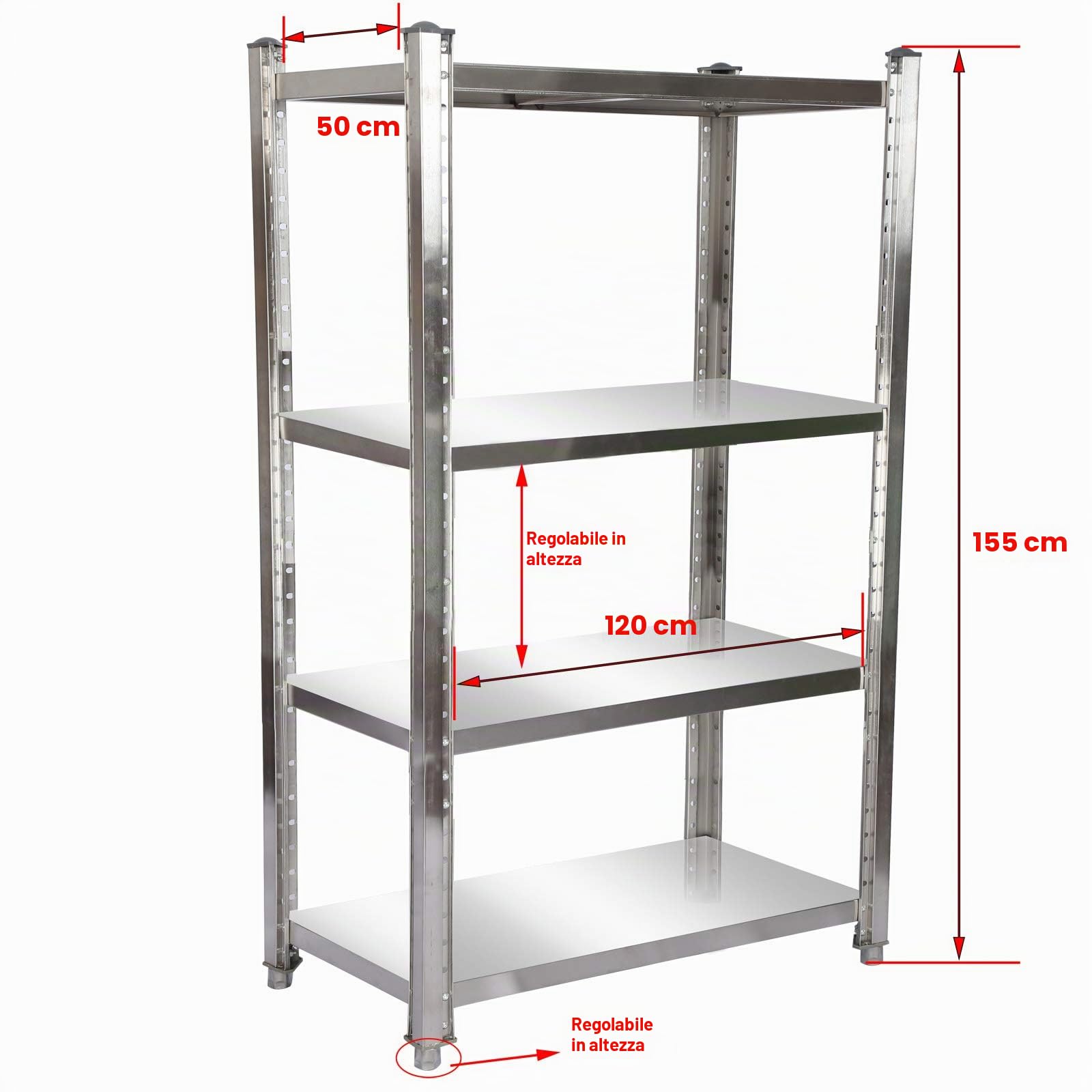 Wiltec Scaffale Acciaio Inox 120x50x155cm 4 Ripiani 150kg
