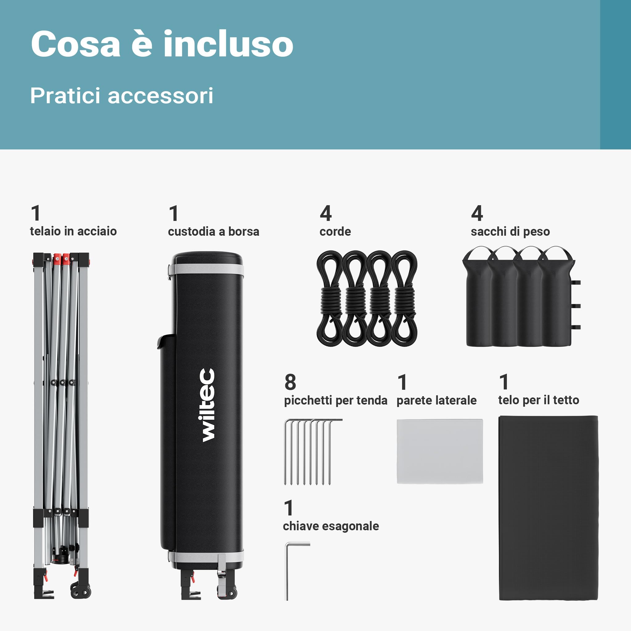 Wiltec Gazebo Pieghevole 3x3 m Grigio con Parete e Ruote