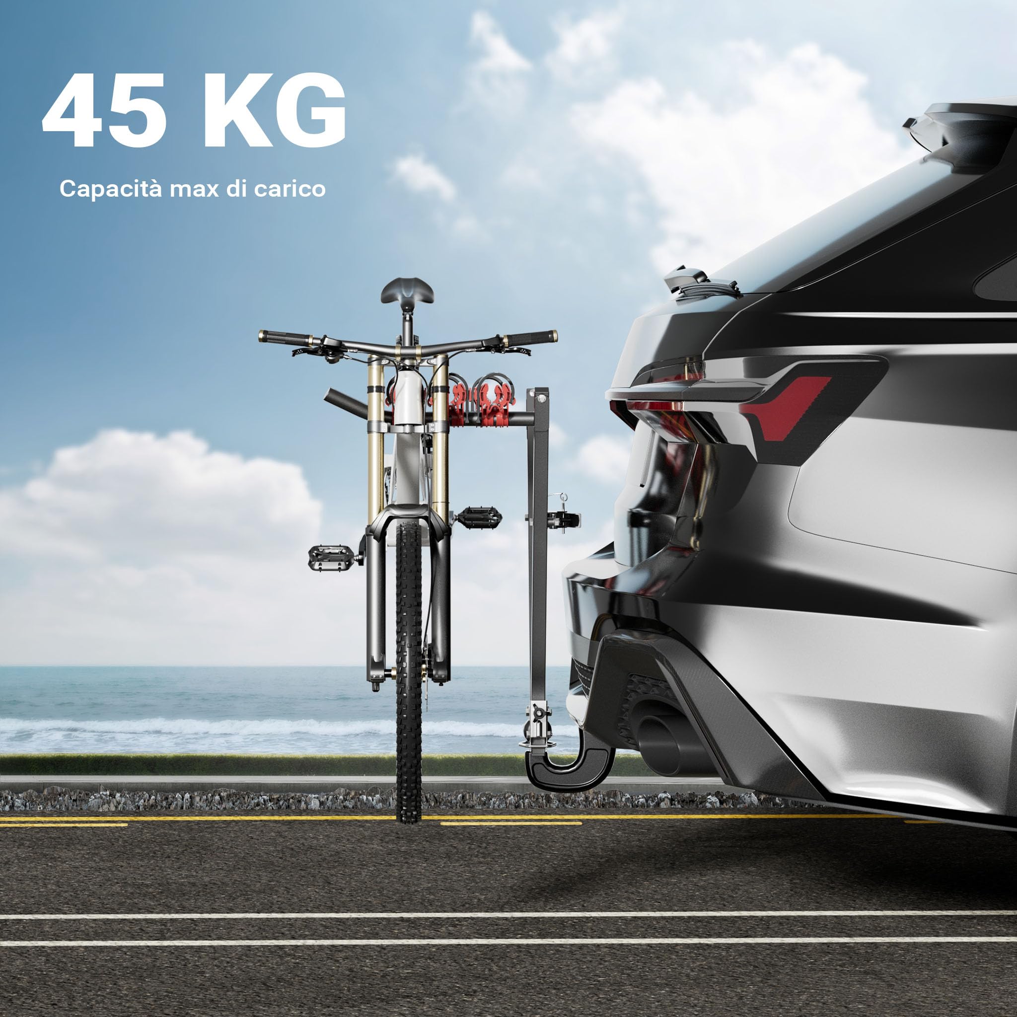 Wiltec Portabici gancio traino 3 bici 45 kg acciaio