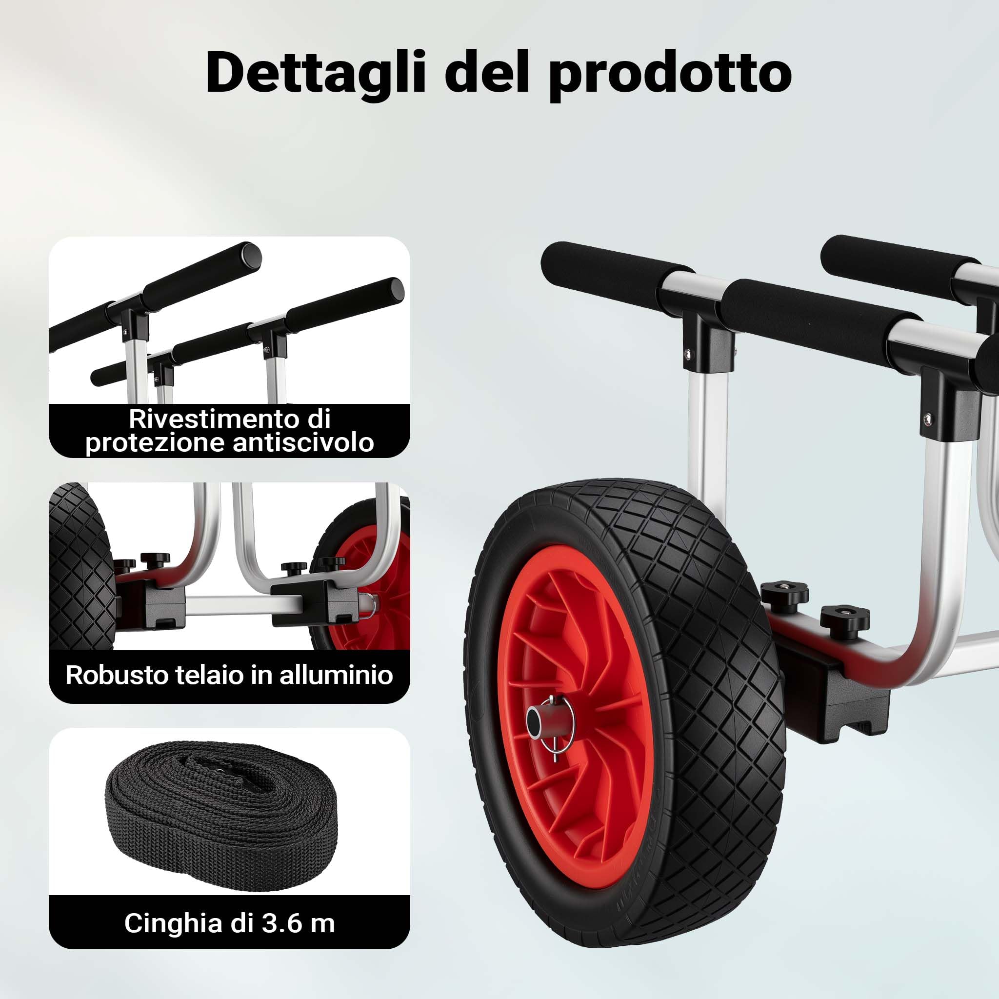Wiltec Carrello kayak alluminio ruote PU 31 cm 90 kg