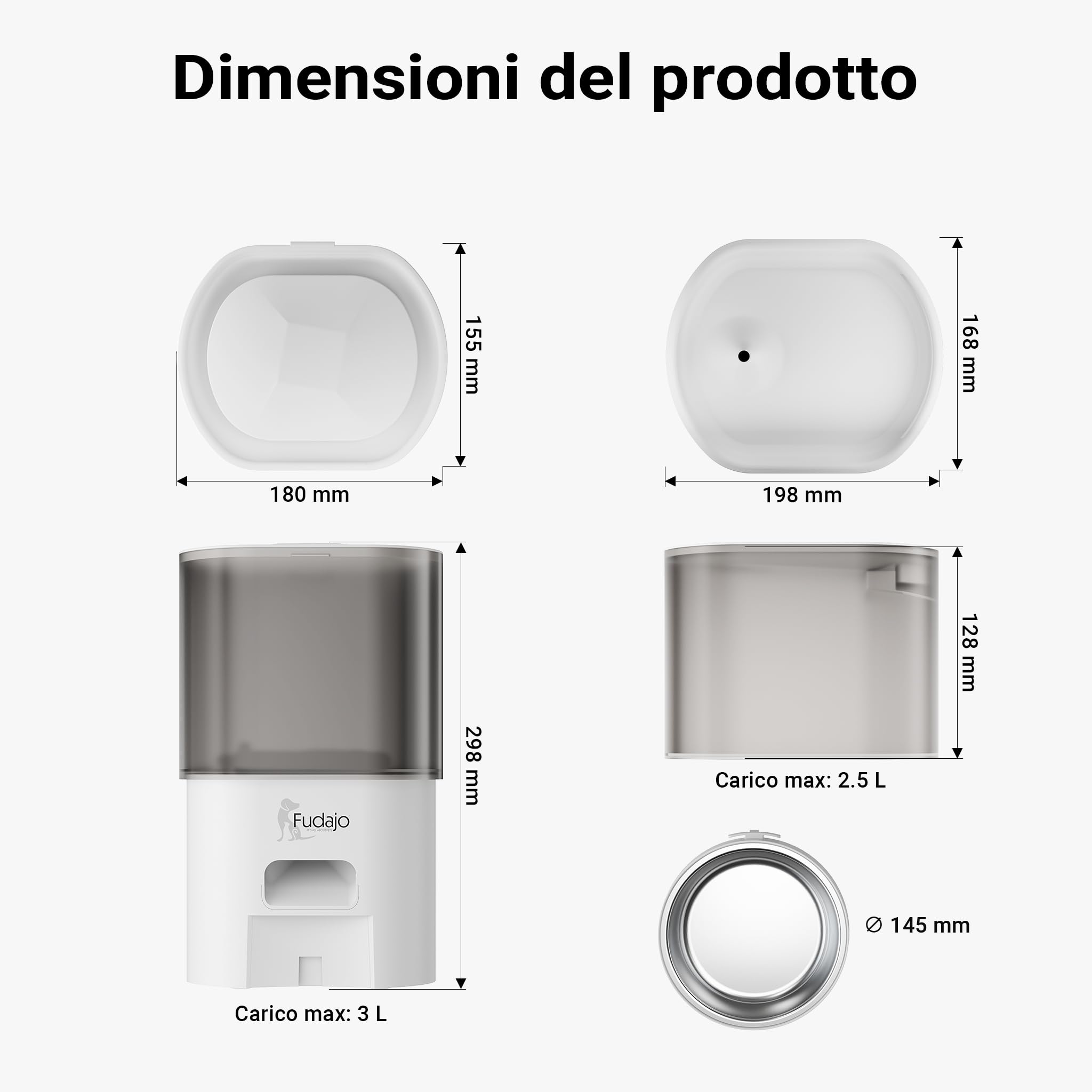 Fudajo Distributore Automatico Cibo 3L + Acqua 2,5L Bianco App