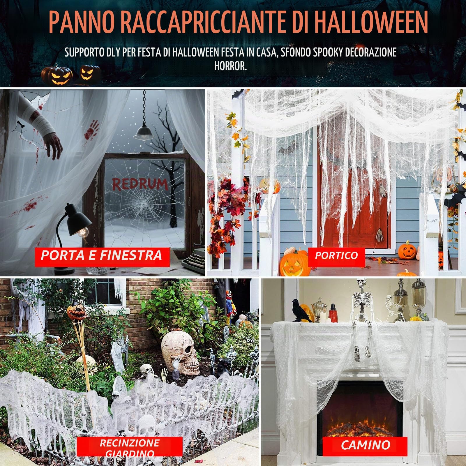 Wzone decorazione Halloween tulle bianco 215x600 cm 12 ragni