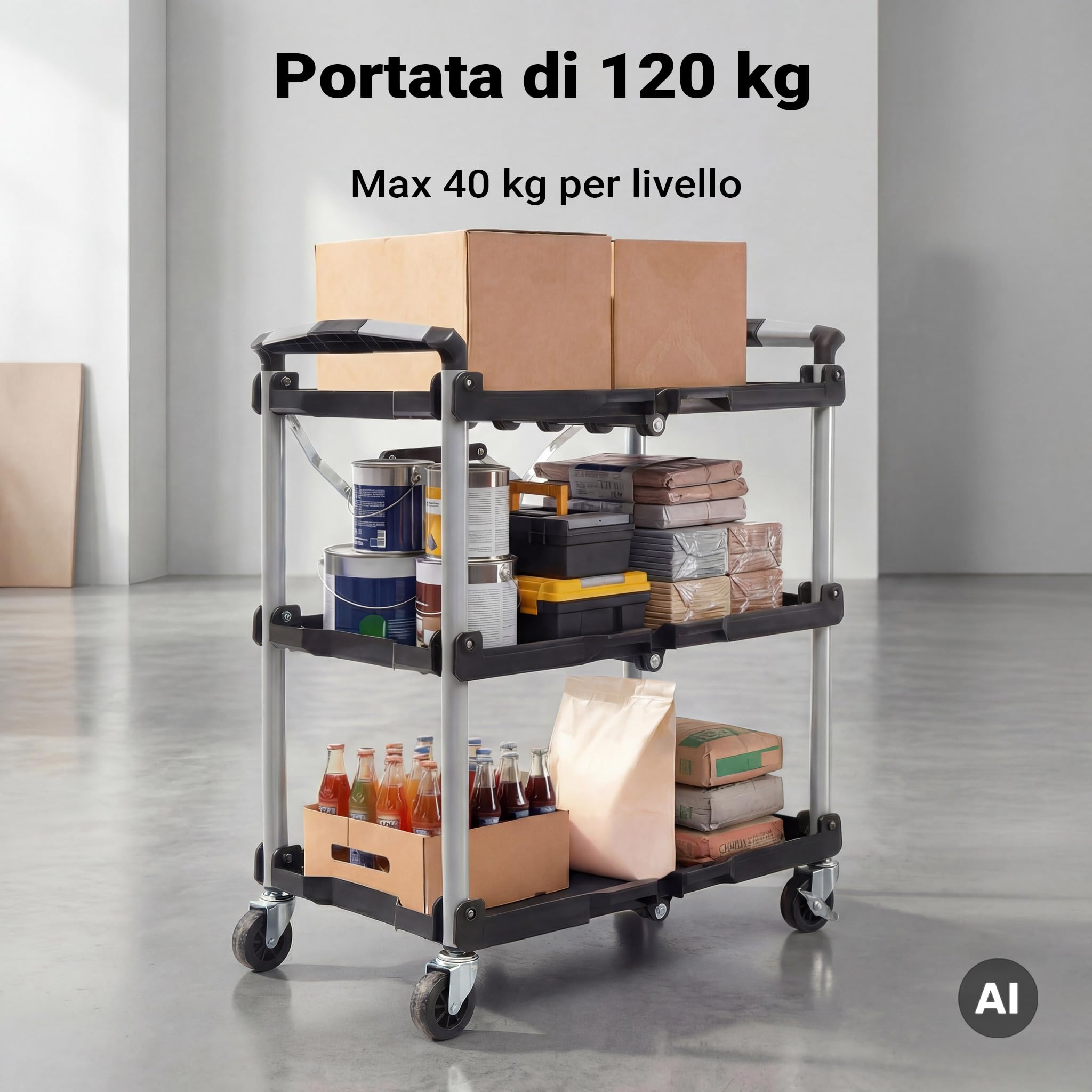 Wiltec Carrello Pieghevole 3 Piani 120 kg 64,5 cm