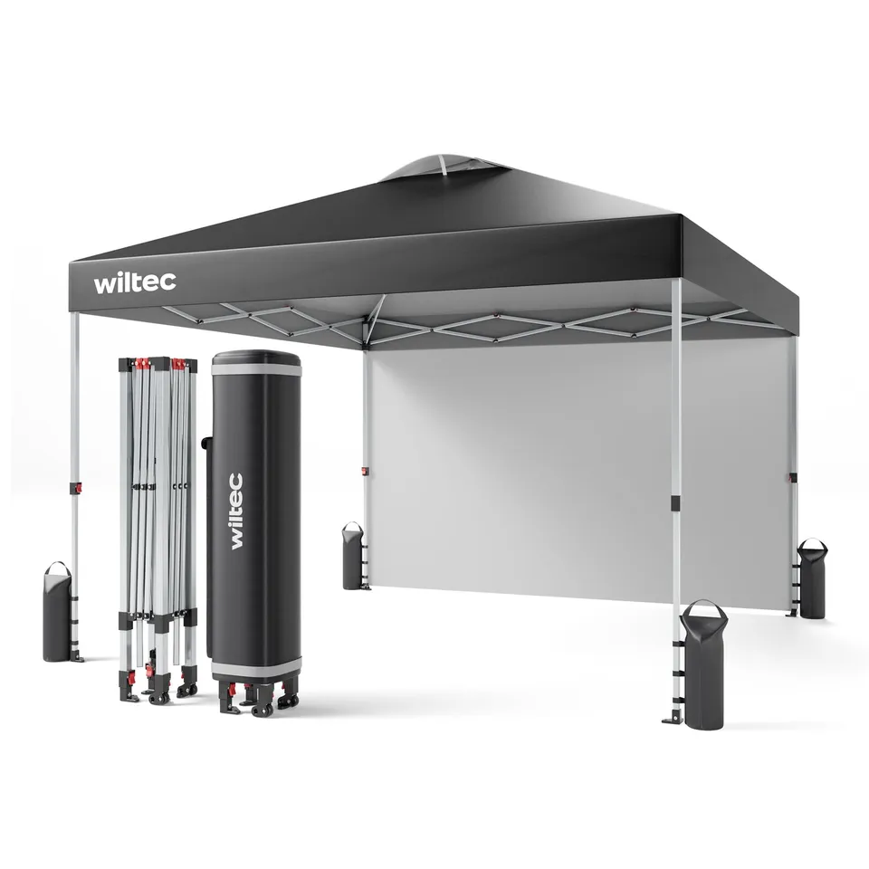 Wiltec Gazebo Pieghevole 3x3 m Grigio con Parete e Ruote