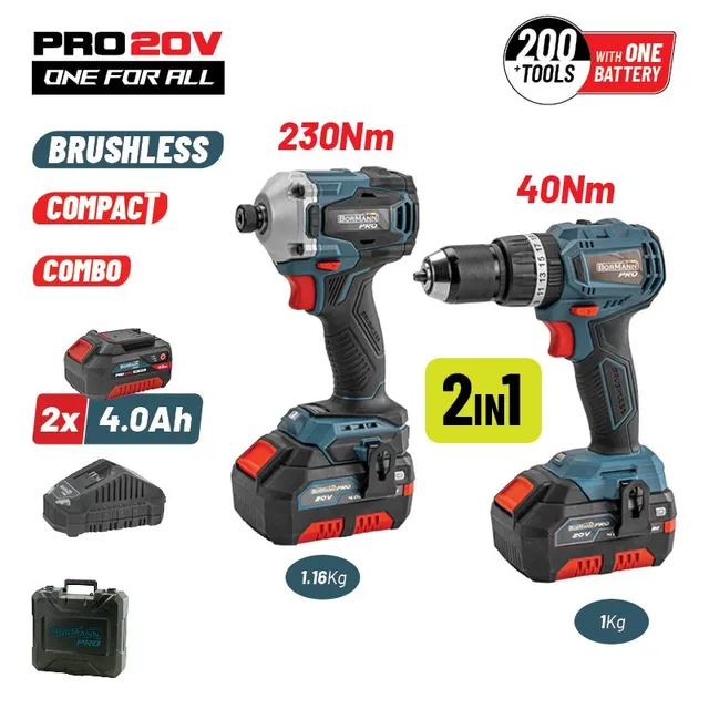 Bormann Compact Brushless Kit Trapano+Avvitatore 20V 2x4Ah