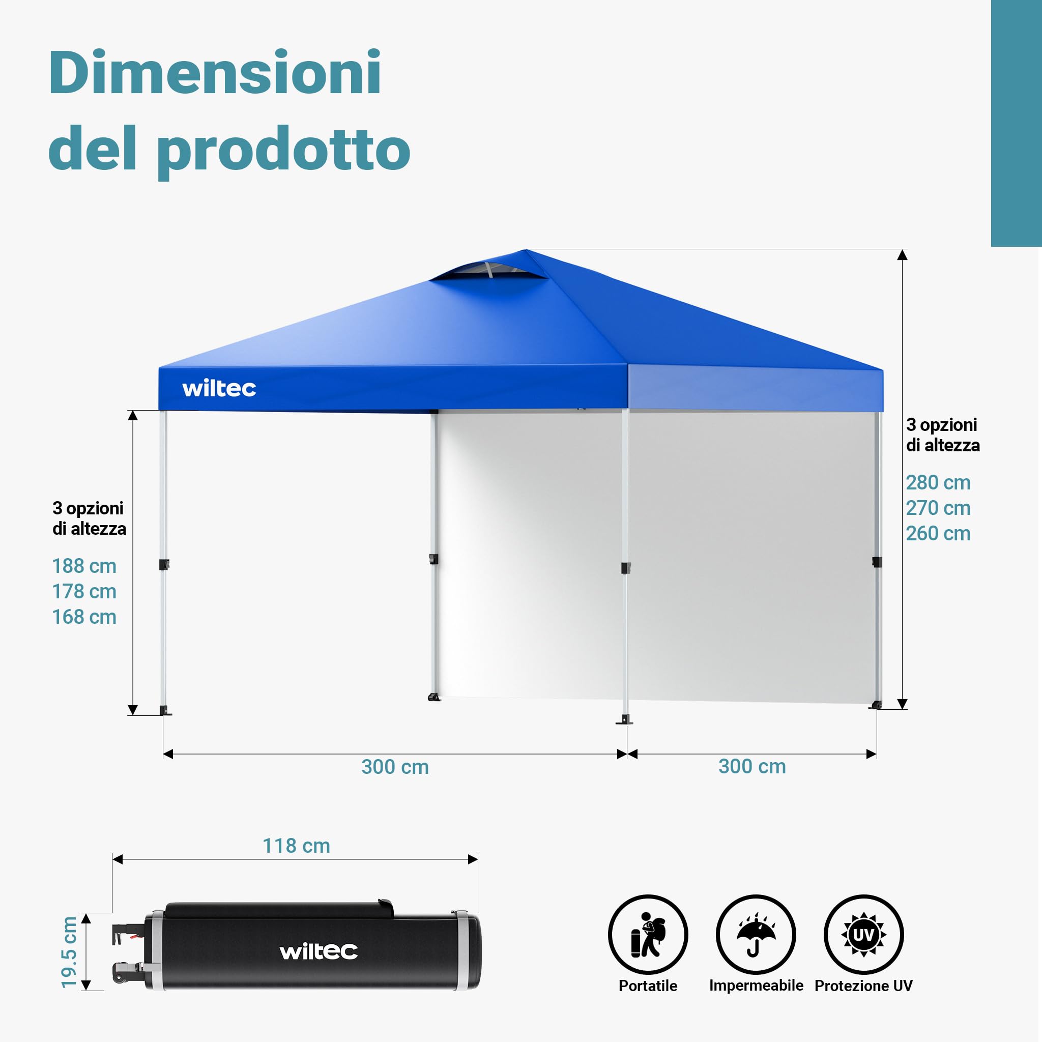 Wiltec Gazebo Pieghevole Pop-Up 3x3m Blu con Parete Laterale