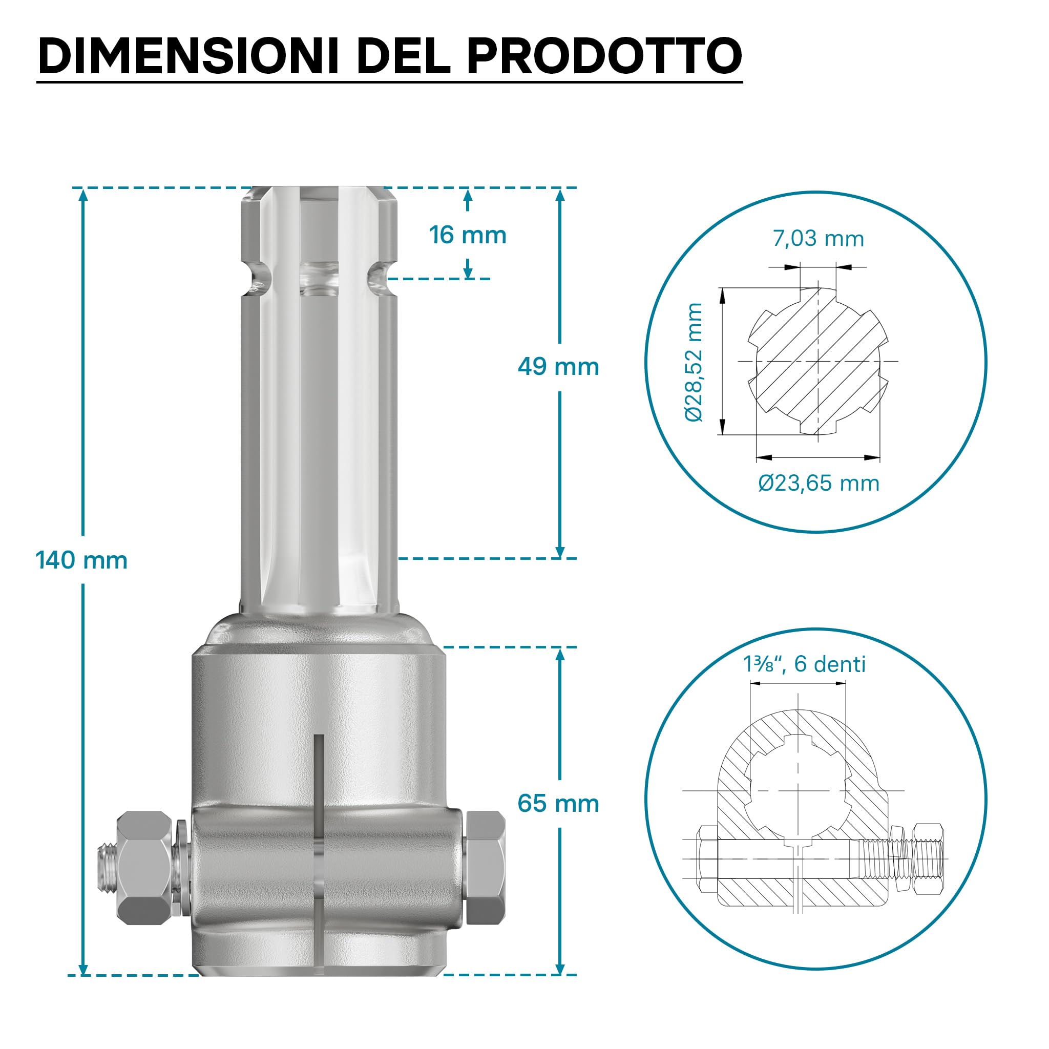 Wiltec Boccola Albero Cardanico 140mm 6 Denti 1-3/8