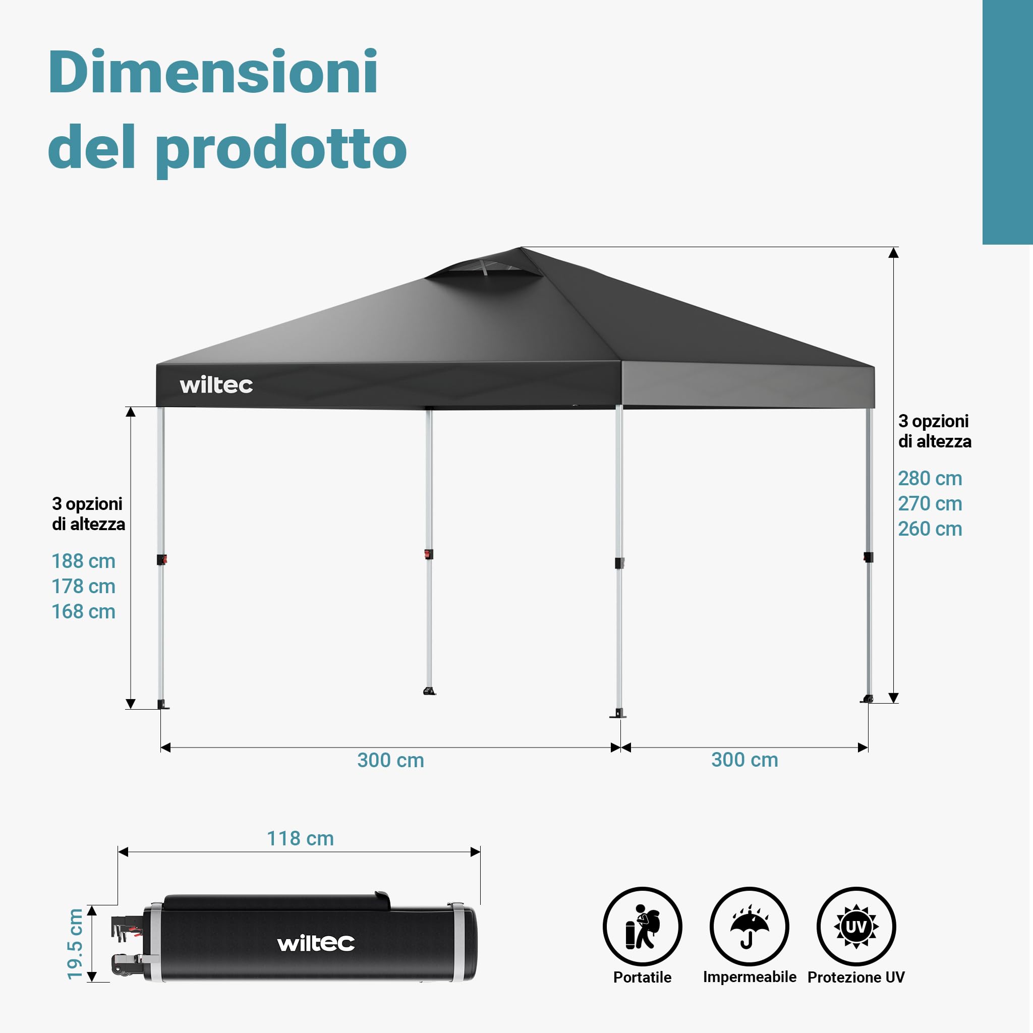 Wiltec gazebo pieghevole pop-up grigio 3x3m ruote
