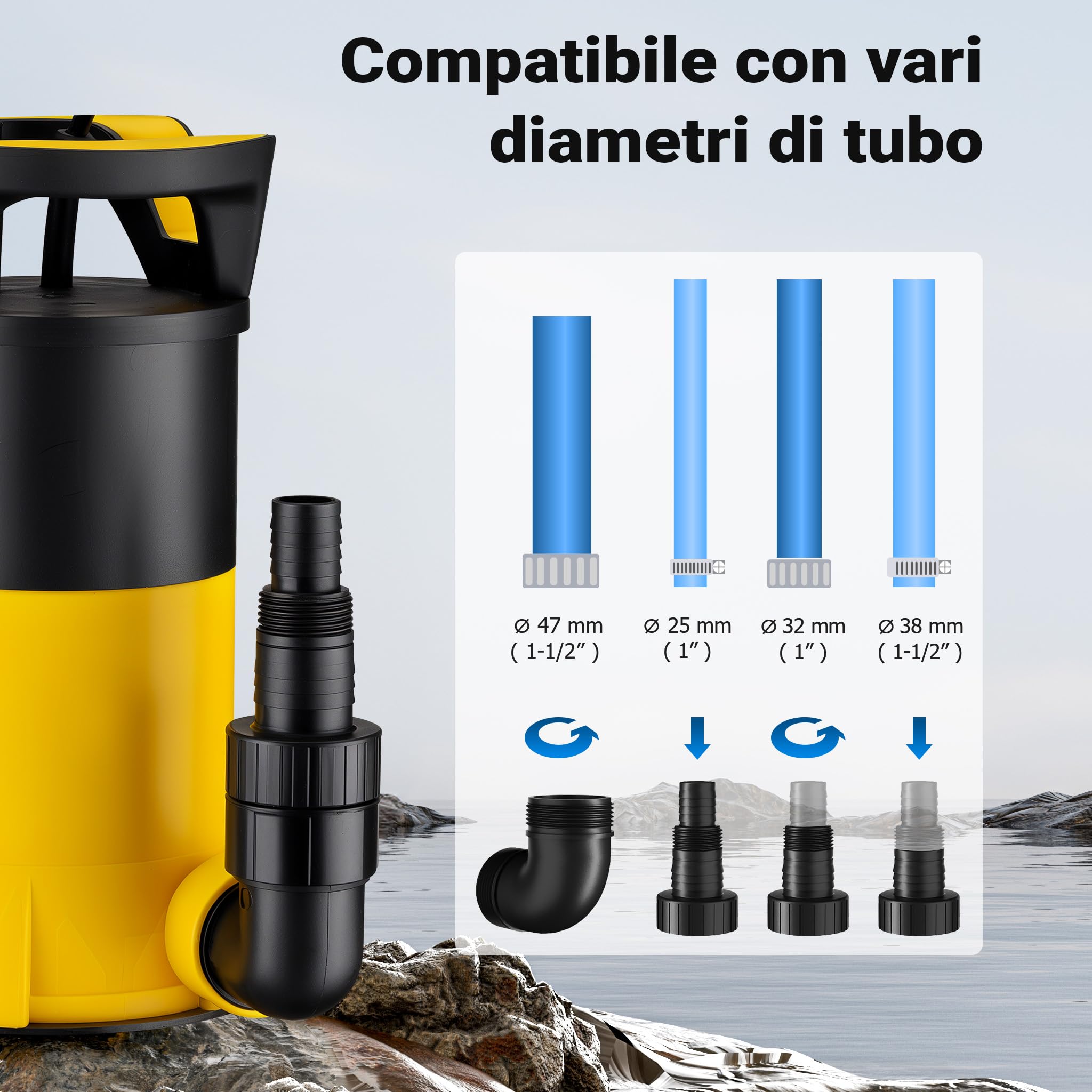 Wiltec 3in1 400 W pompa sommersa 8000 l/h aspirazione piatta