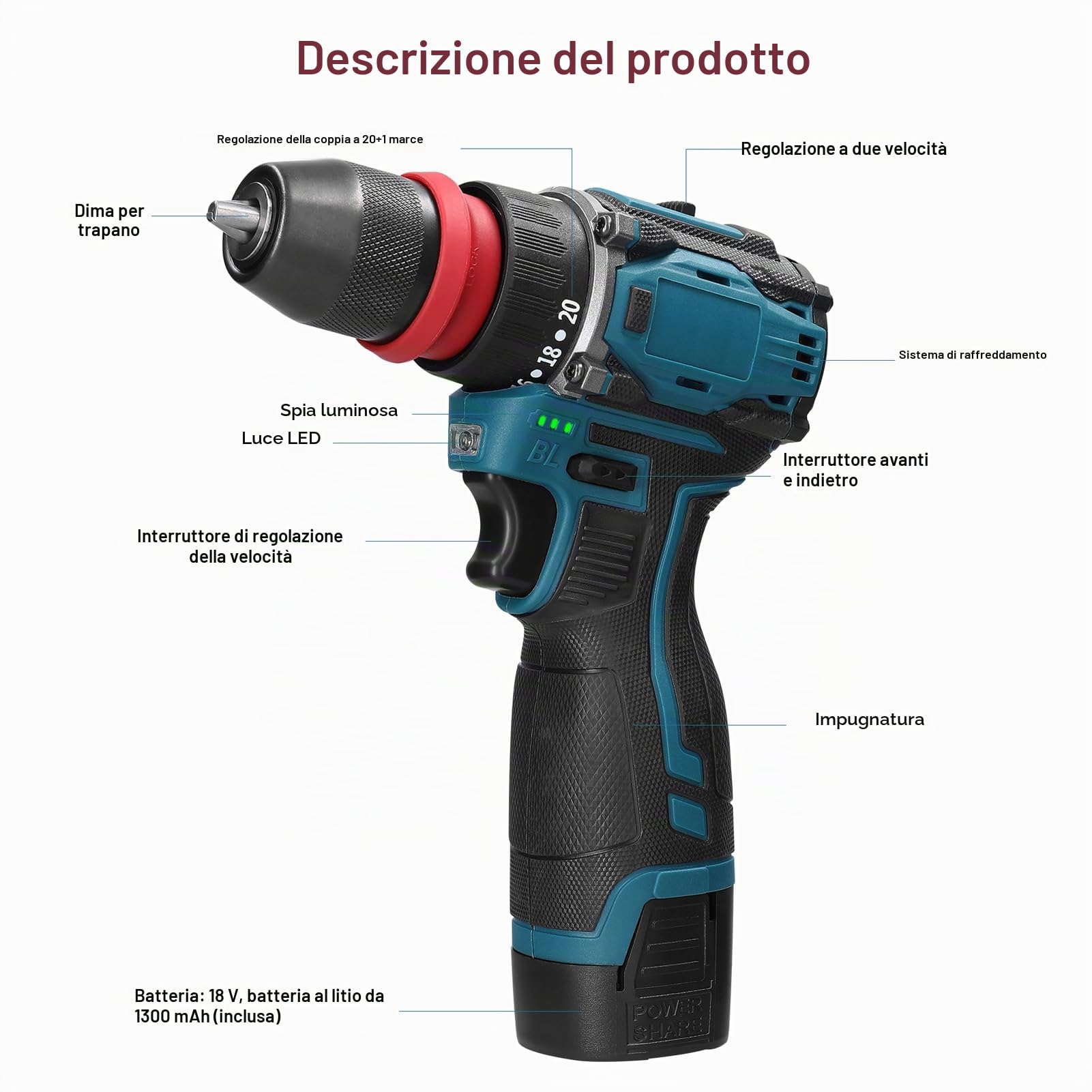 Weytoll Trapano Avvitatore 18V 45Nm con 2 Batterie 1300mAh