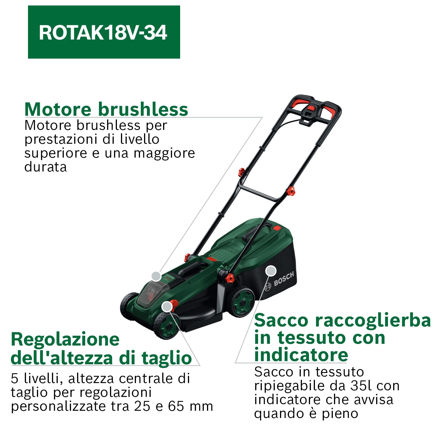 Bosch Rotak 18V-34 Rasaerba Batteria 34 cm senza Batteria