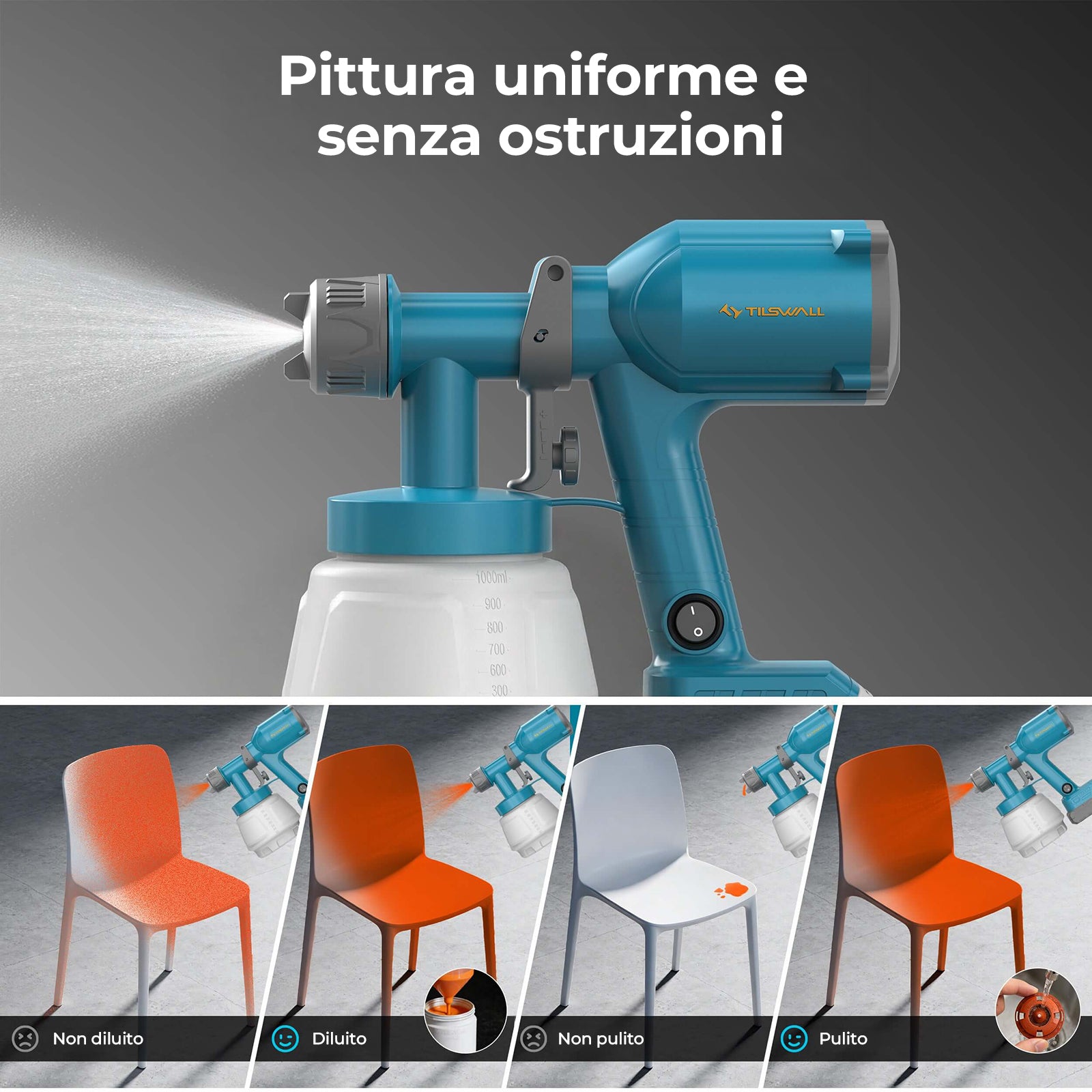 Tilswall Pistola Vernice Batteria 18V 1000ml 2 Ugelli 450ml/min
