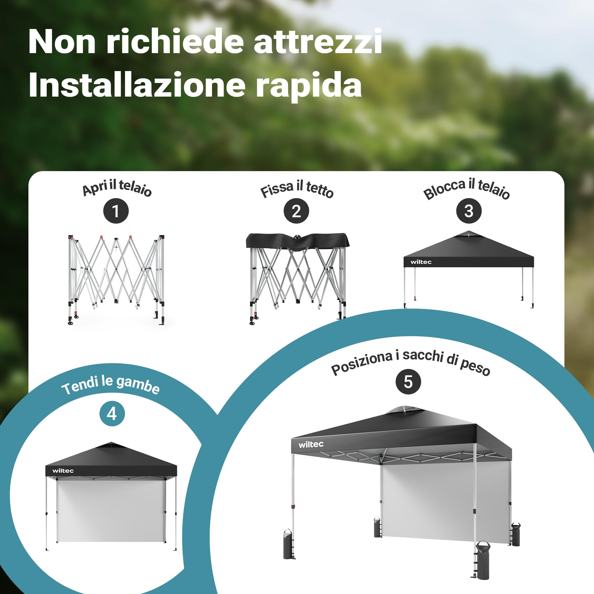 Wiltec Gazebo Pieghevole 3x3 m Grigio con Parete e Ruote