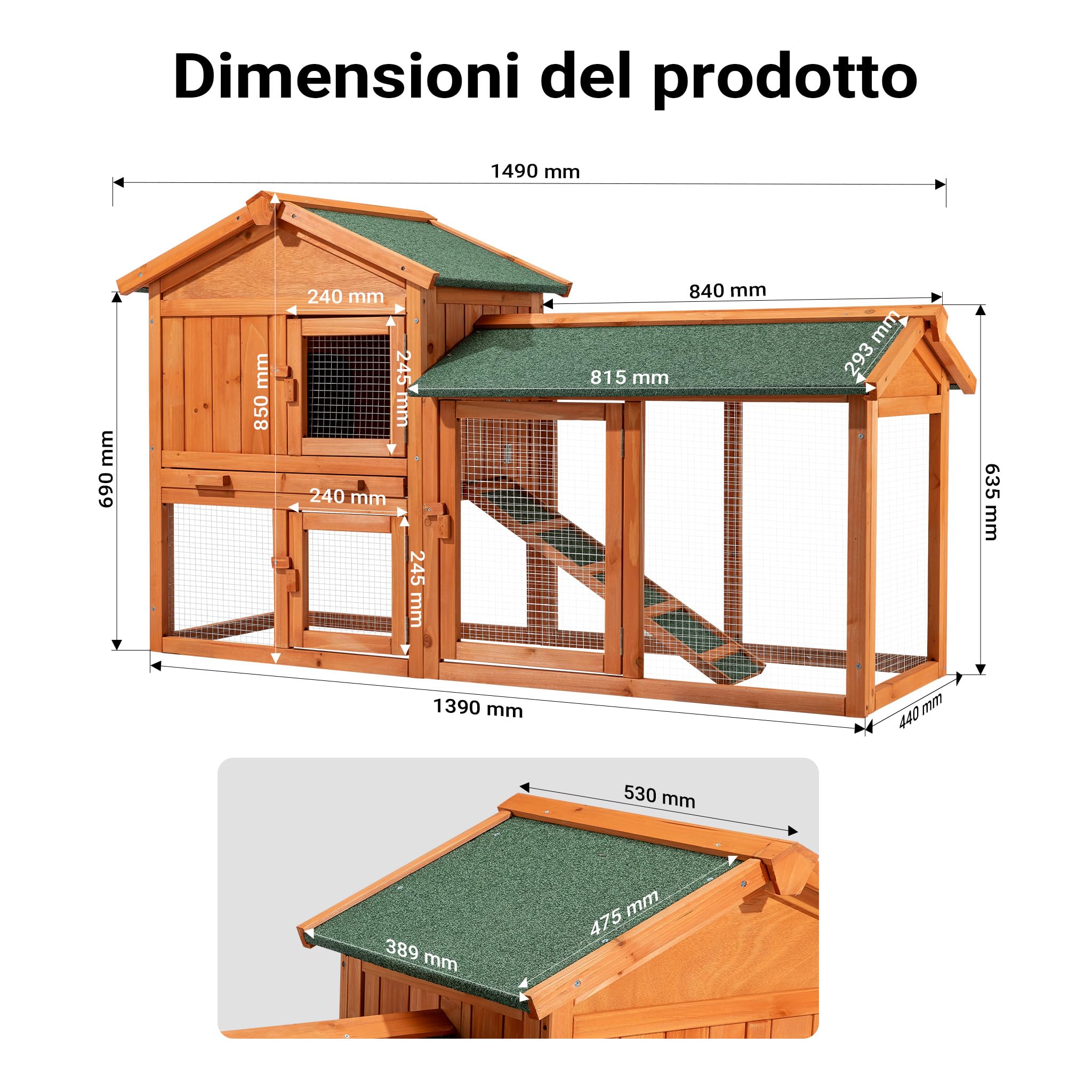 Wiltec Pollaio Conigliera Legno 147x52x85,5 cm con Recinto