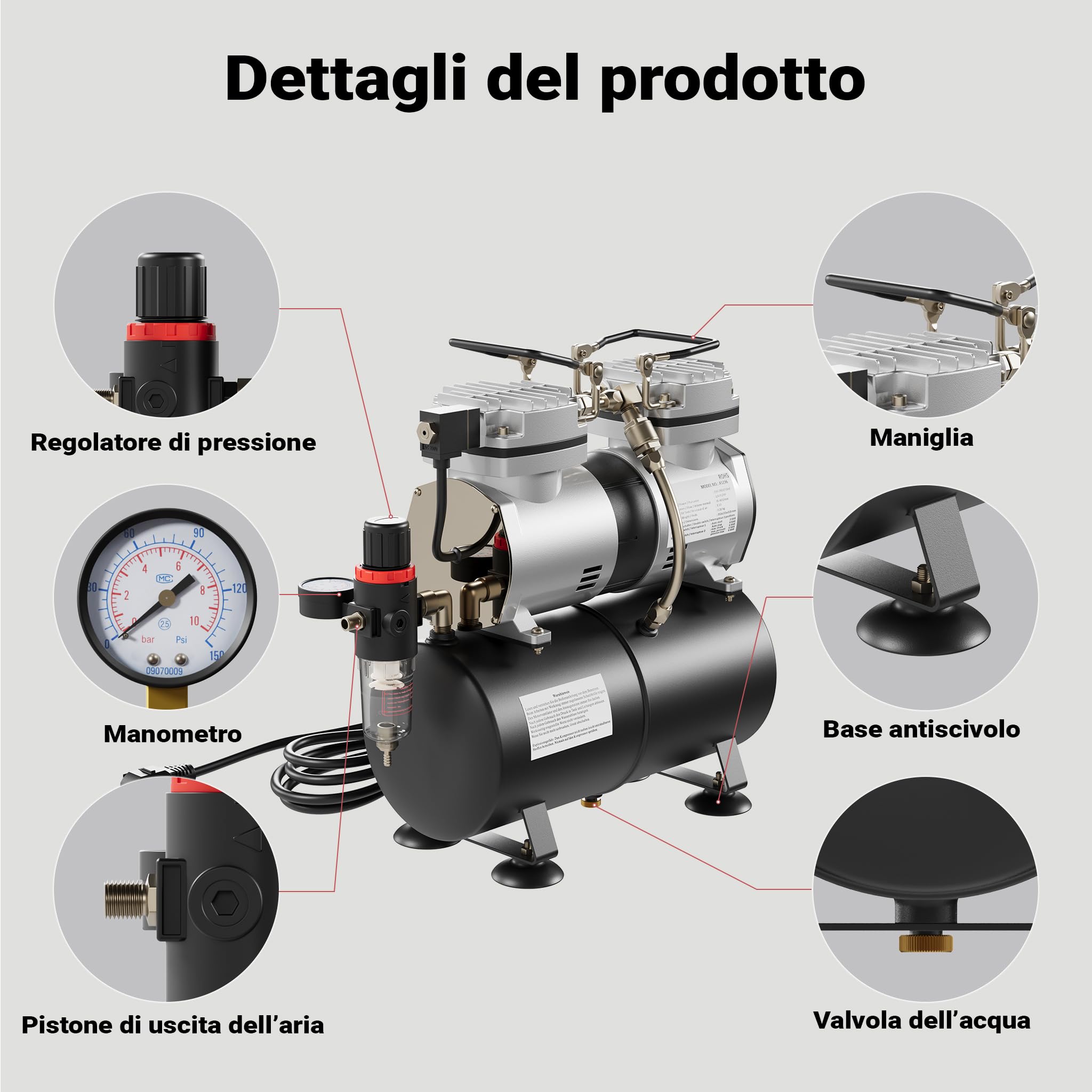 Wiltec AS196 Compressore Aerografo 6 Bar con Serbatoio