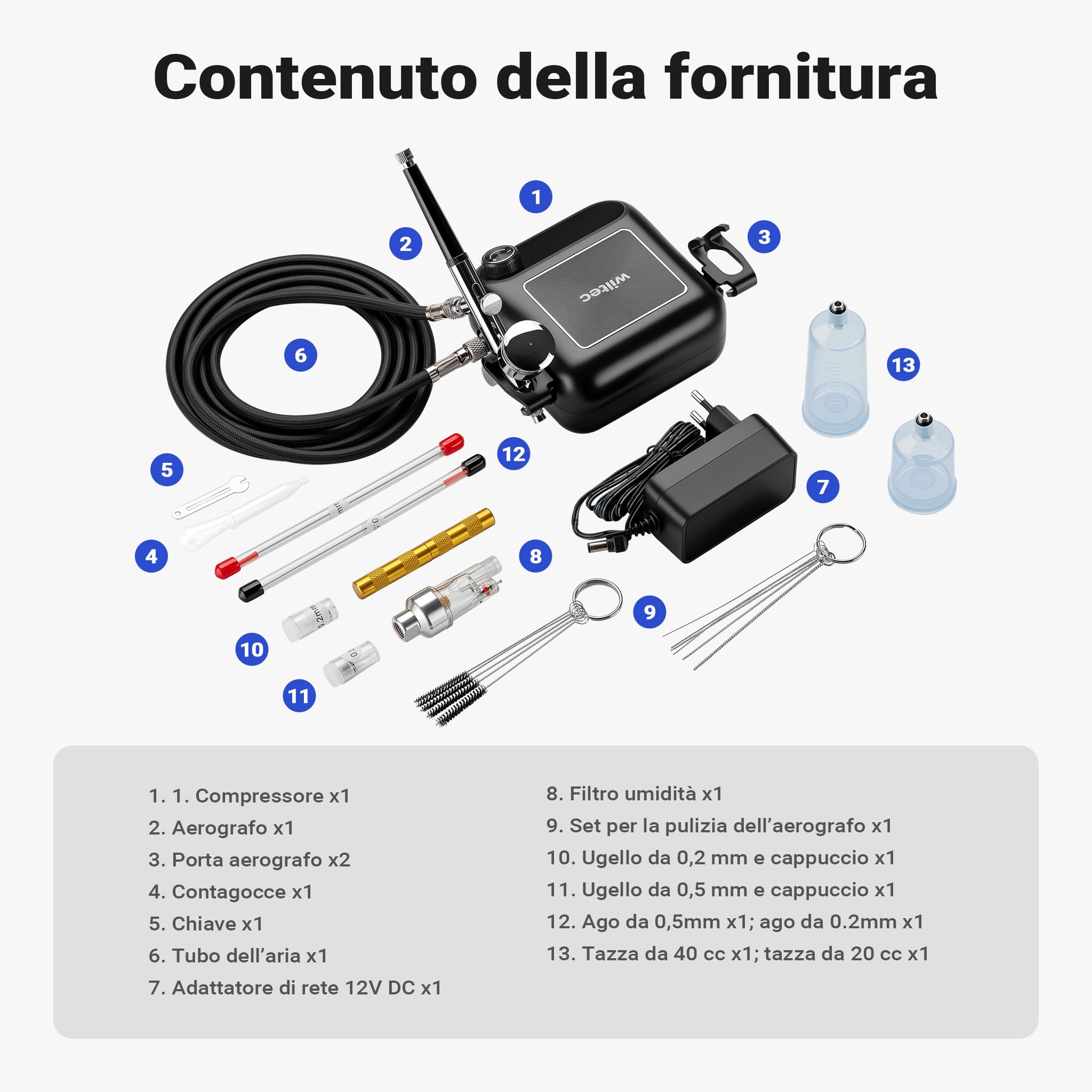 Wiltec HS-A9K aerografo con compressore 12V ugelli 0,2-0,5mm