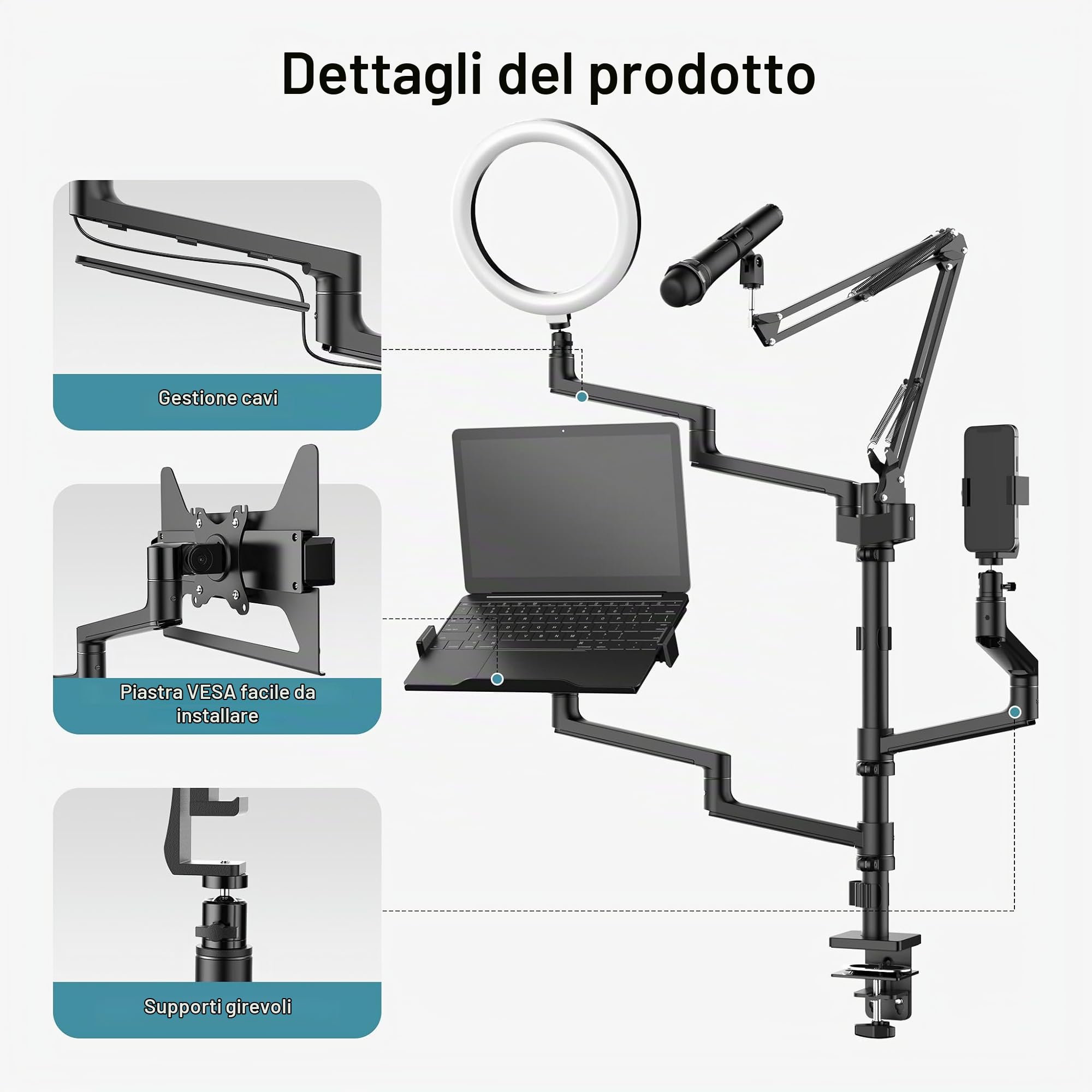 Wiltec Supporto tavolo 4in1 bracci microfono ring light