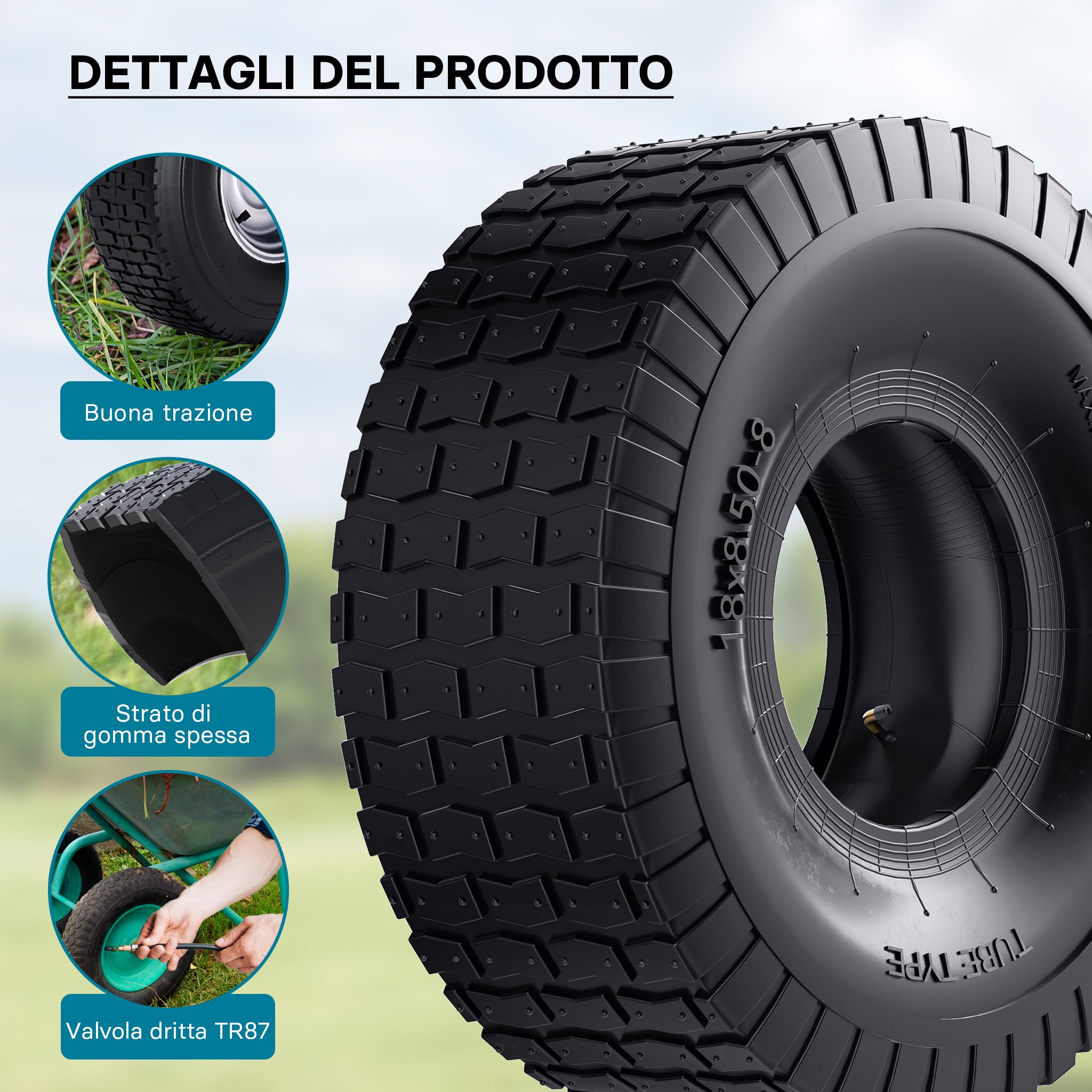 Wiltec 18x8.50-8 4PR Pneumatico Trattorino con Camera Valvola