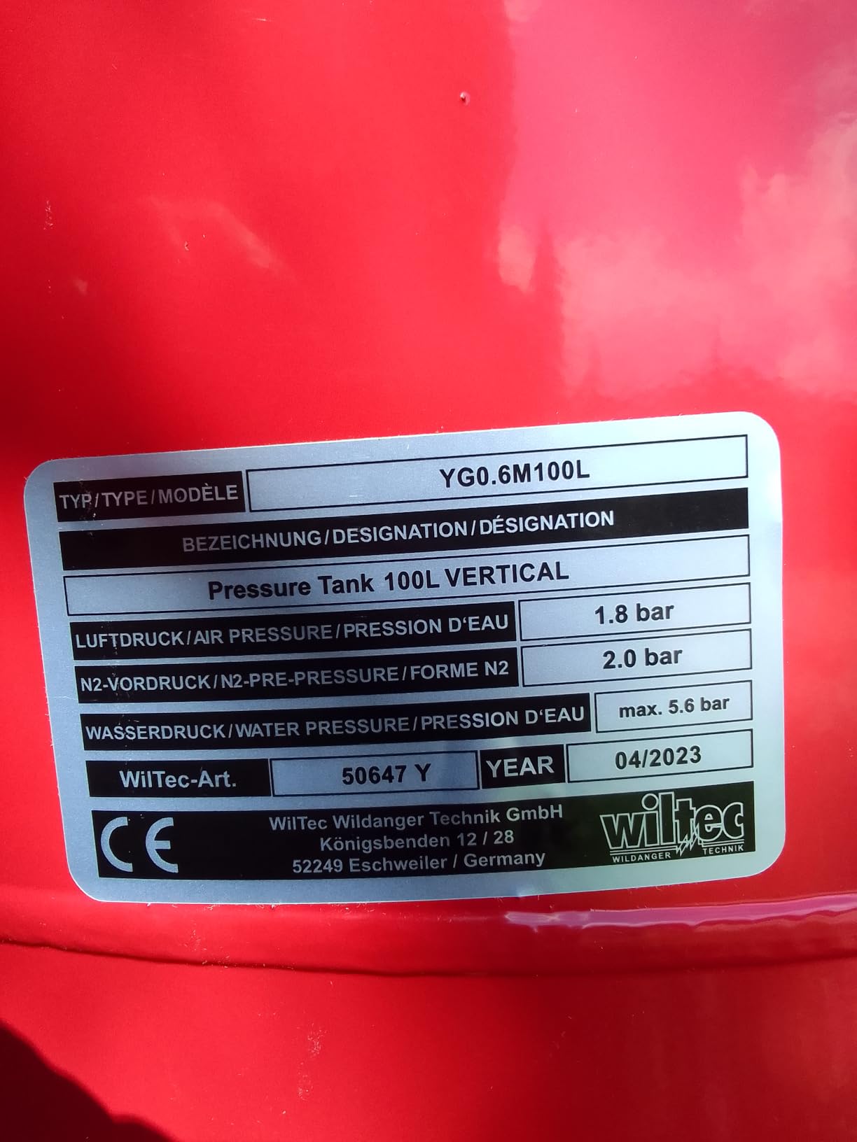 Wiltec Vaso Espansione 50L Verticale Autoclave Membrana EPDM