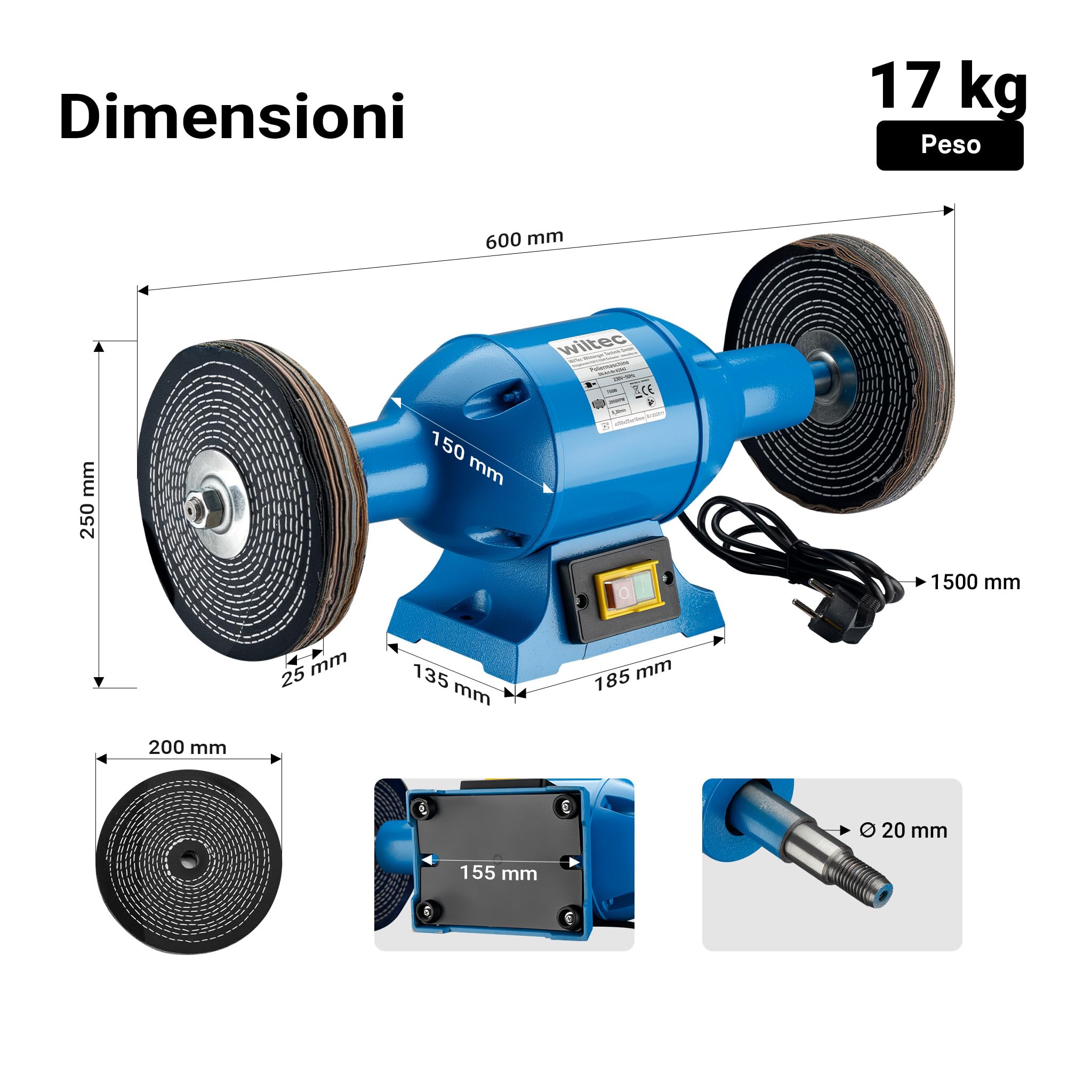 Wiltec Lucidatrice 750W doppia dischi 200 mm banco