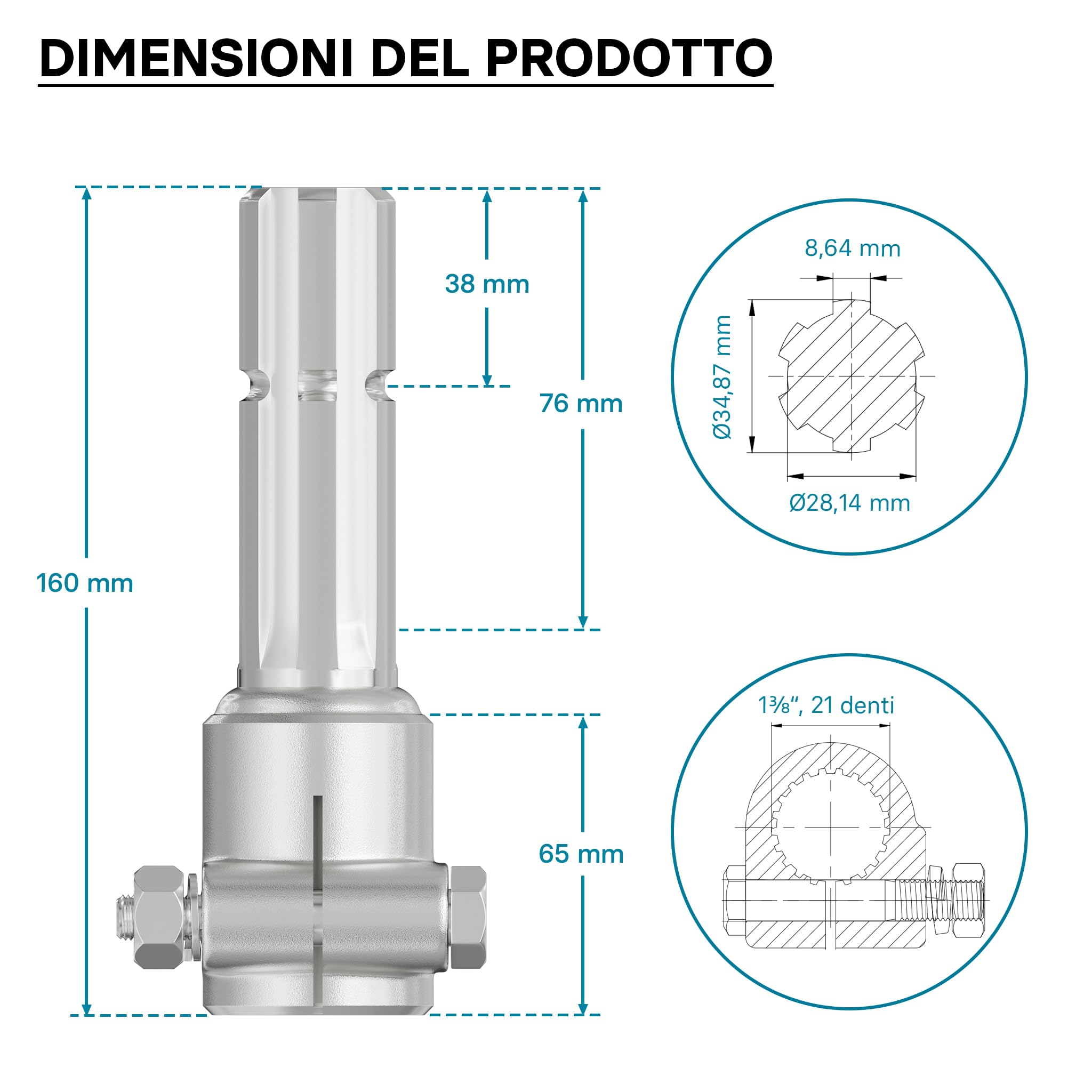 Wiltec Boccola Albero Cardanico 160 mm 6 Denti 1 3/8" Acciaio