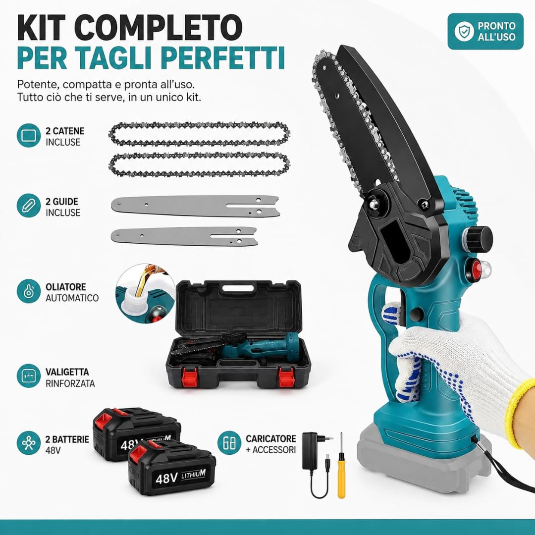 De Rosa Shop Mini Motosega Batteria 48V 6-8" 2 Batterie Oliatore