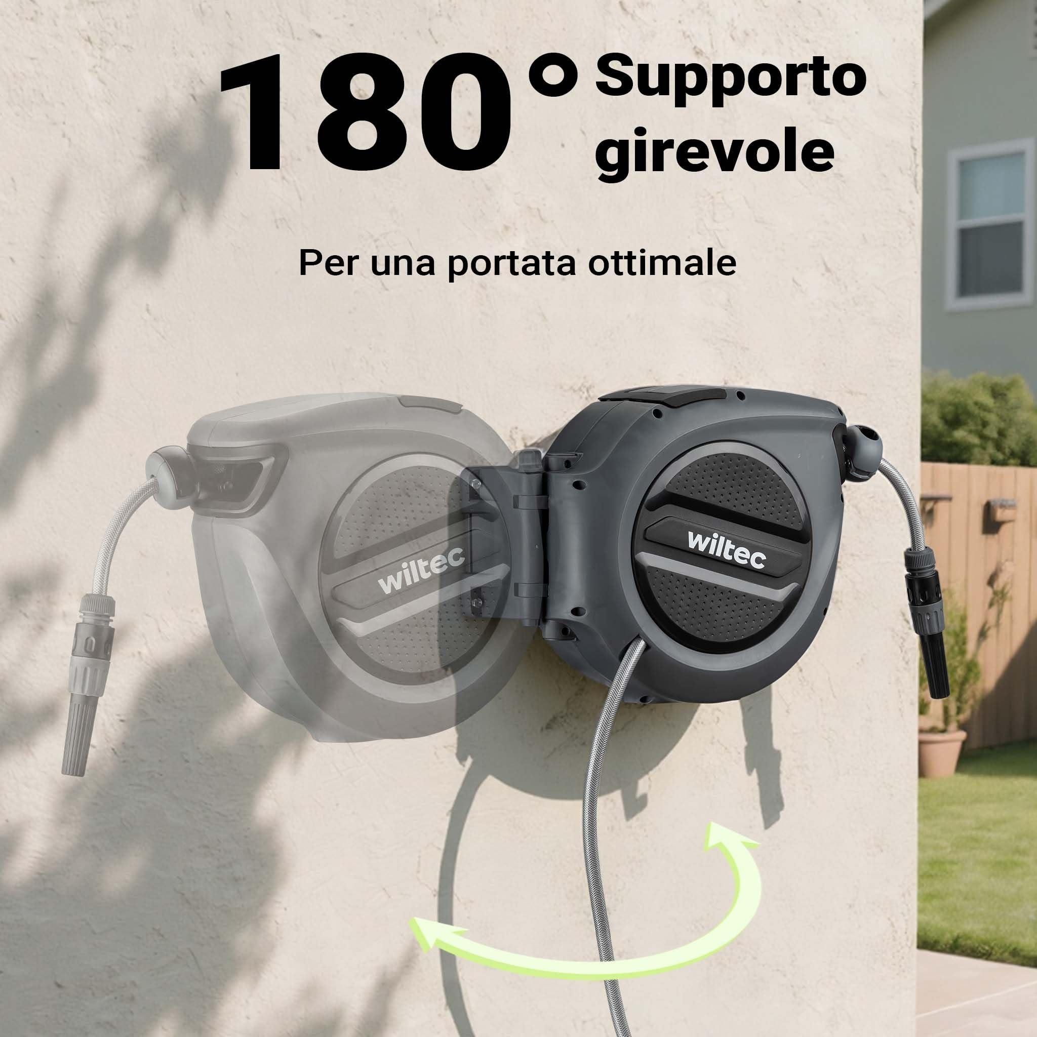 Wiltec XPOtool avvolgitubo automatico da parete 30 m con staffa 180°