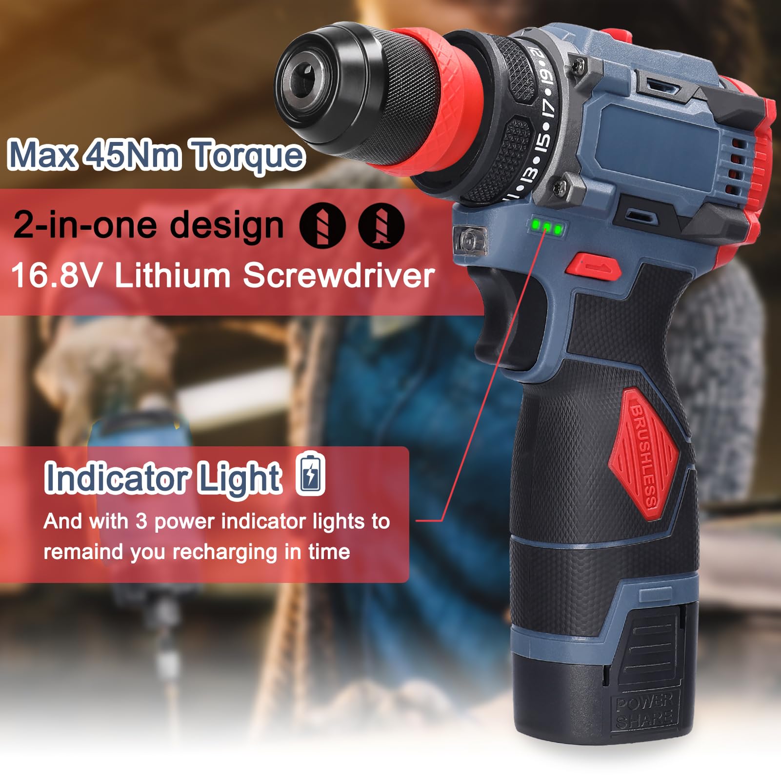 Weytoll Trapano Avvitatore Batteria 21V 45Nm 2 Batterie