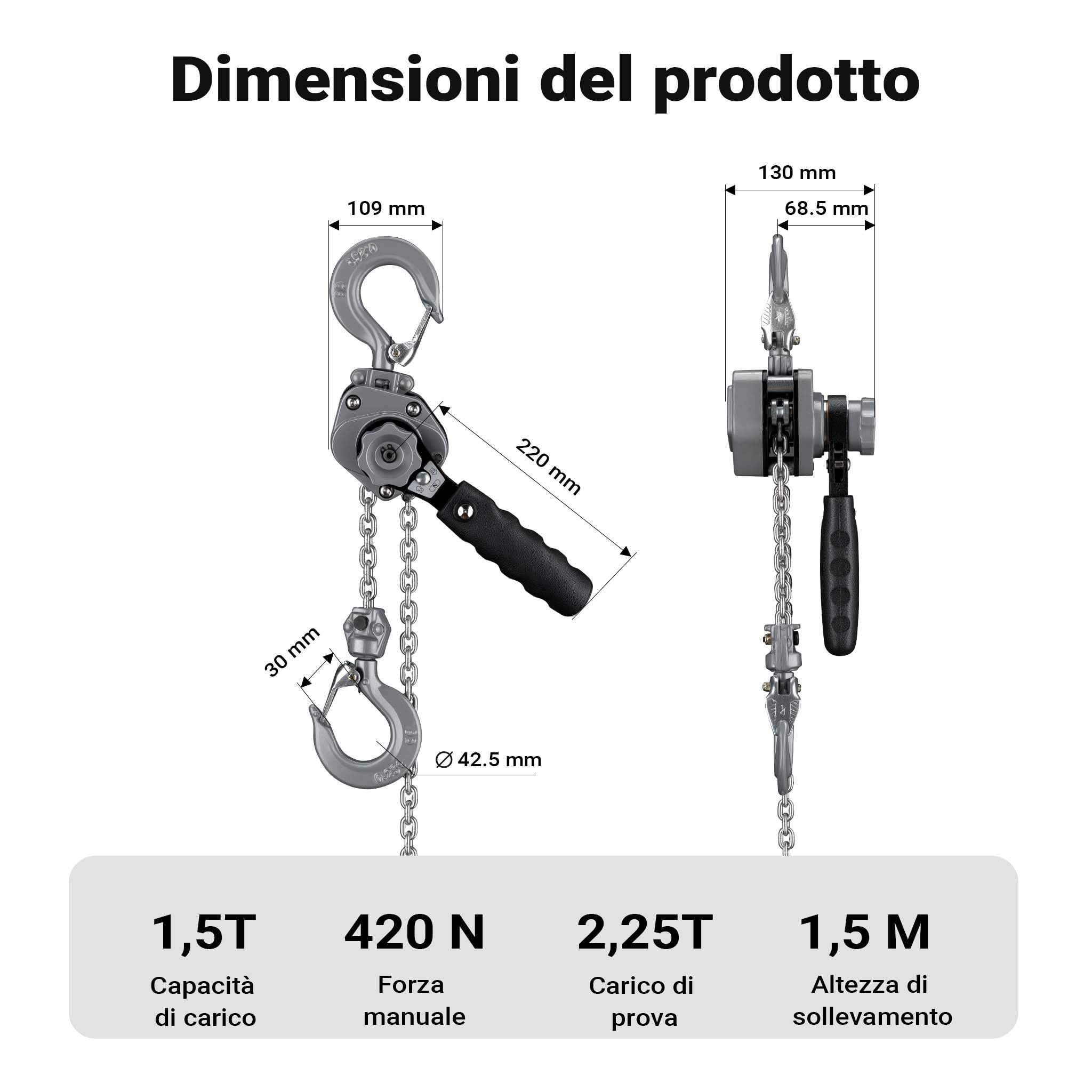 Wiltec VM1.5 paranco a catena manuale 1,5 t 1,5 m alluminio