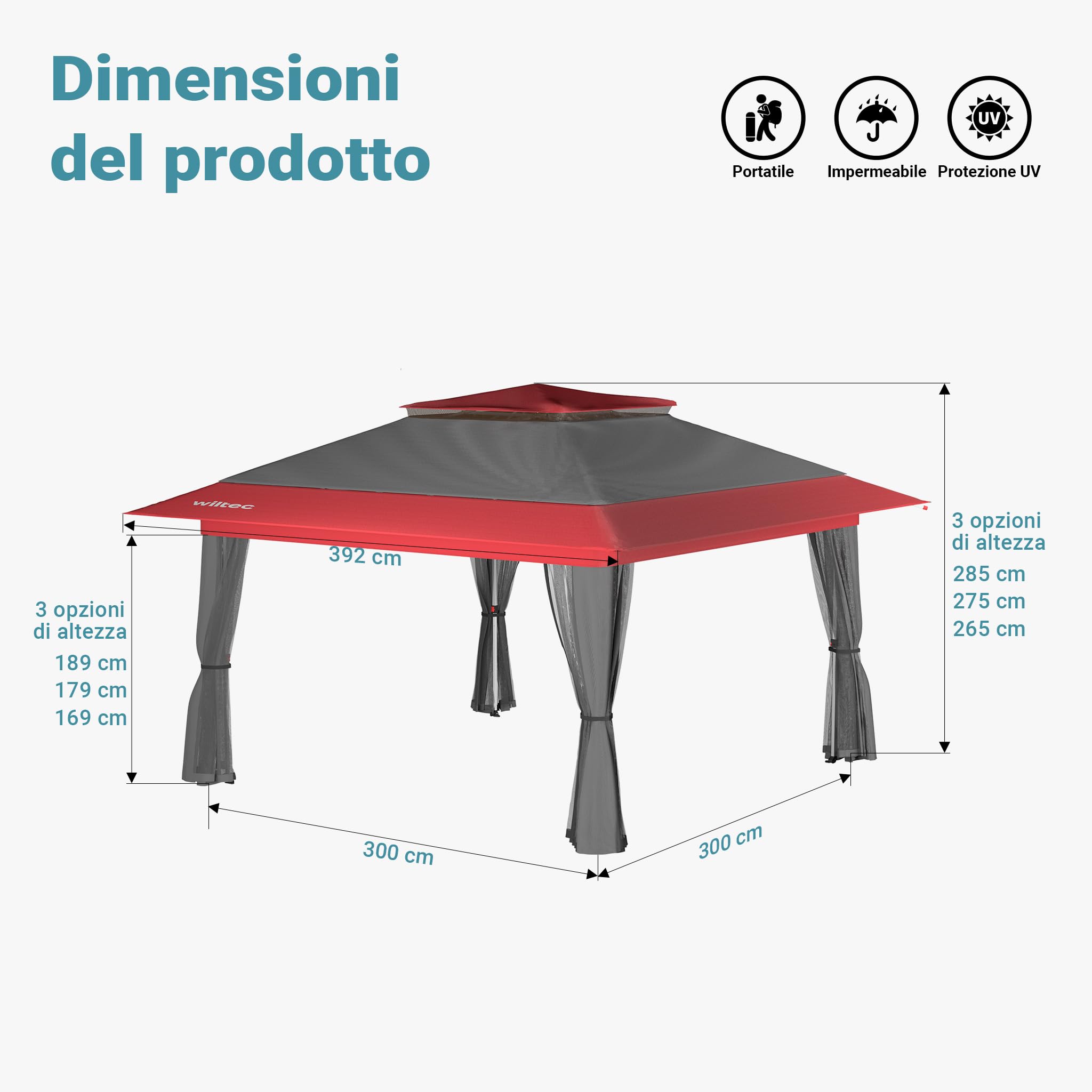 Wiltec Gazebo pieghevole zanzariera 3,92x3,92 m grigio rosso