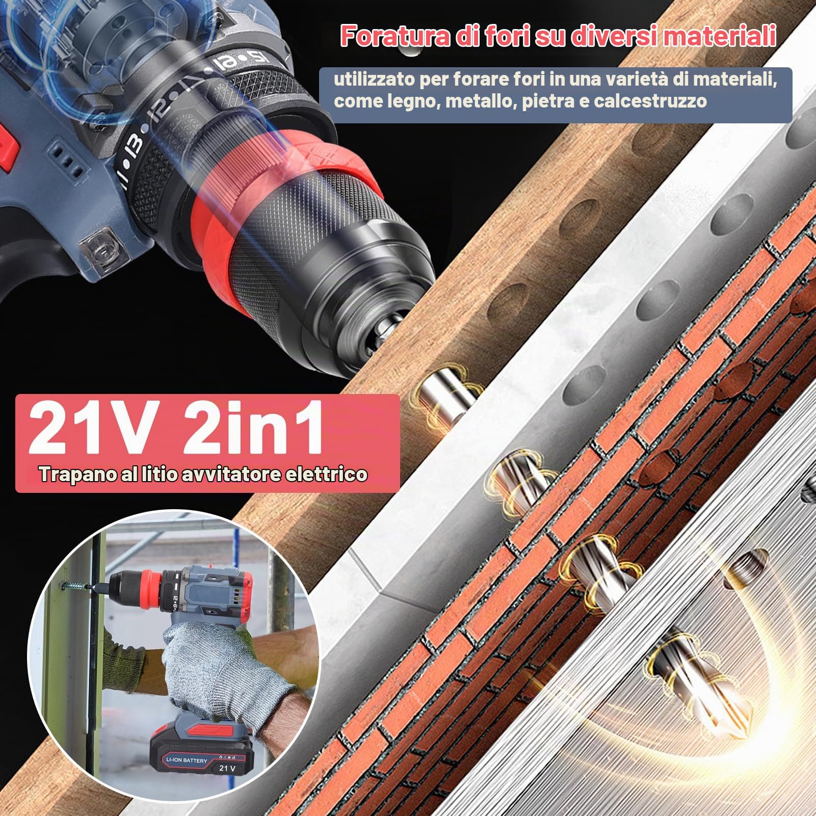 Weytoll Trapano Avvitatore Batteria 21V 55Nm Brushless 2in1