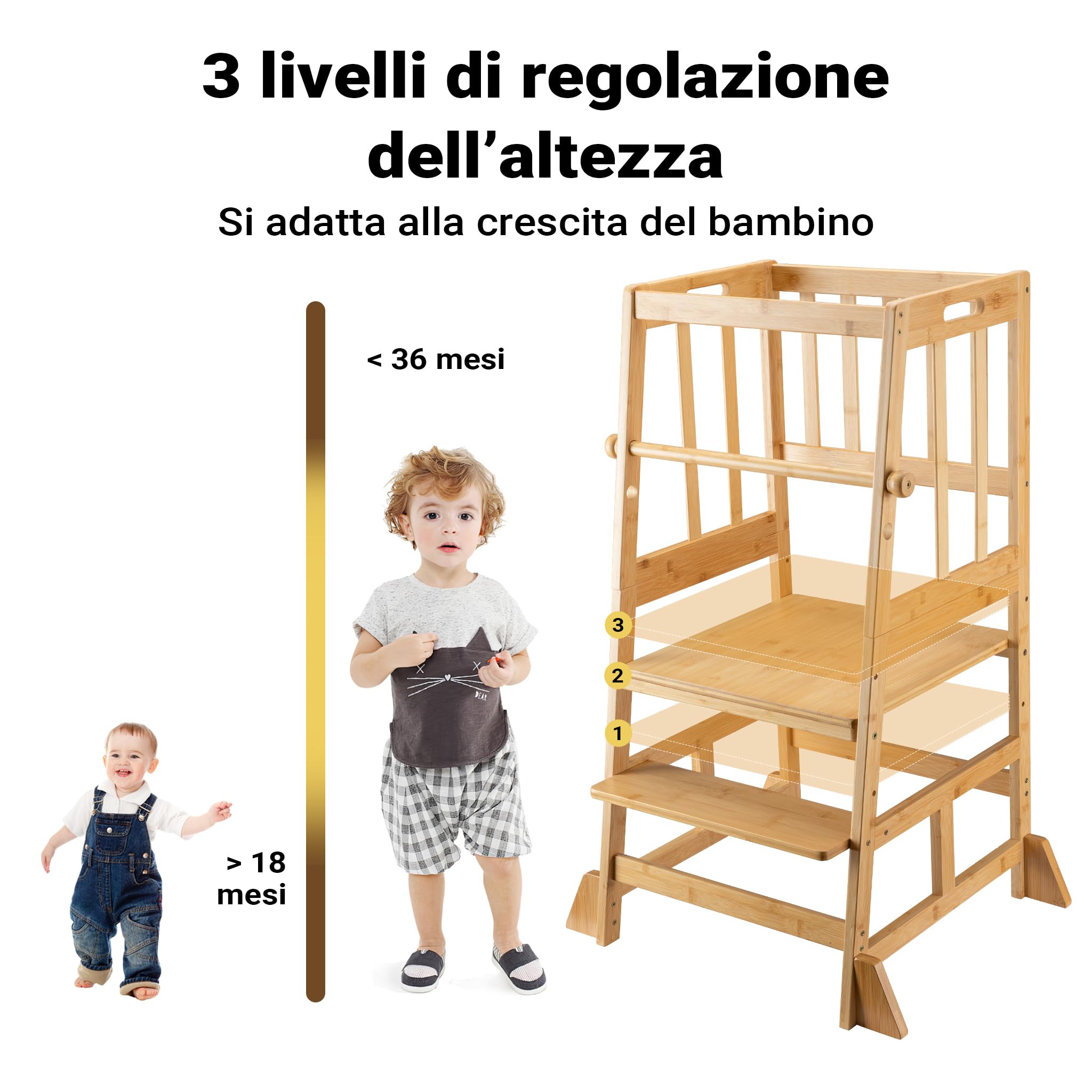 Wiltec torre apprendimento bambini bambù 90 cm