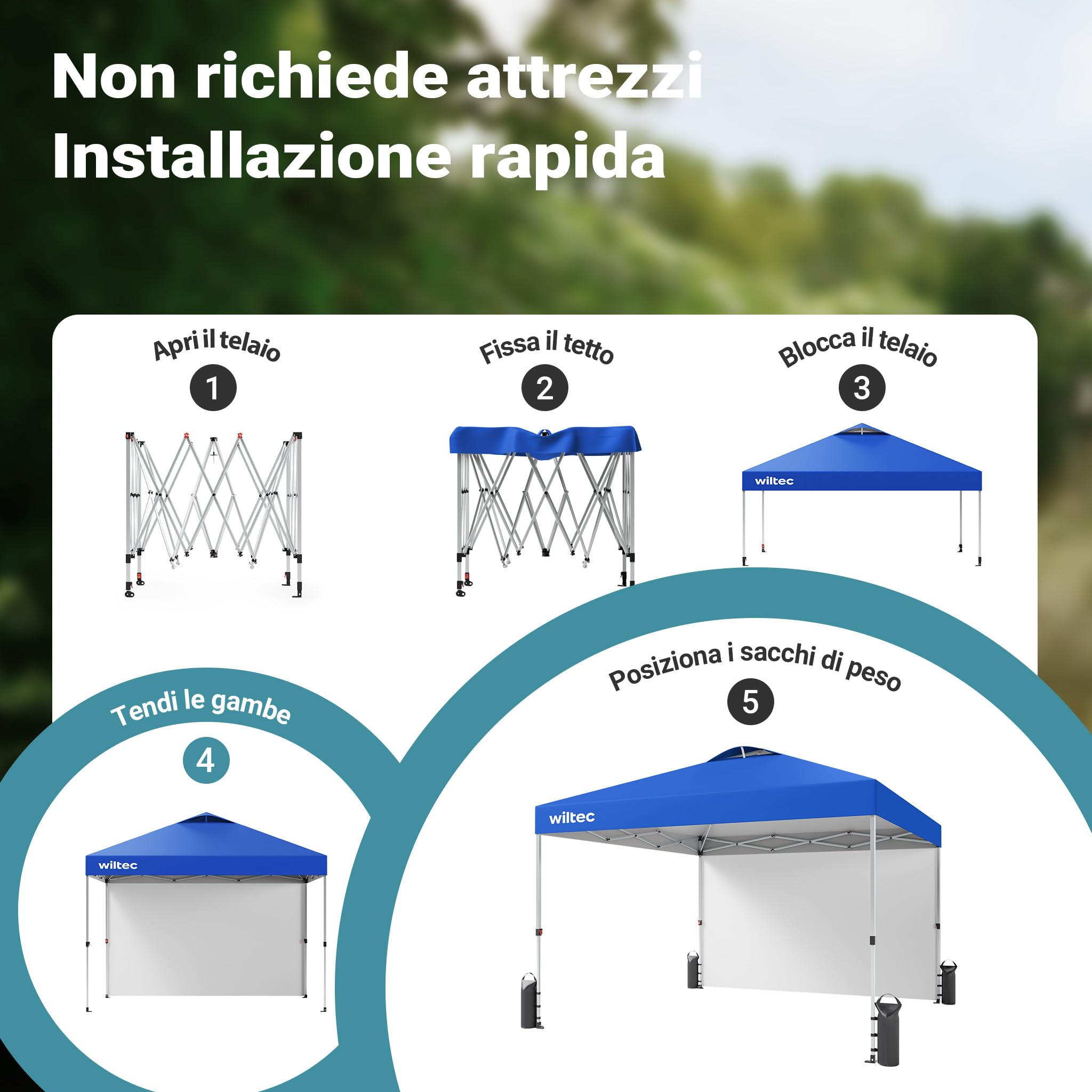 Wiltec Gazebo Pieghevole Pop-Up 3x3m Blu con Parete Laterale