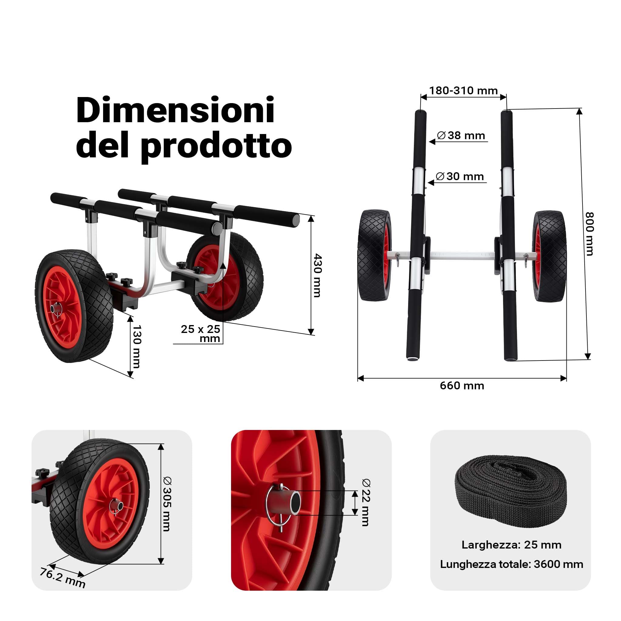 Wiltec Carrello kayak alluminio ruote PU 31 cm 90 kg