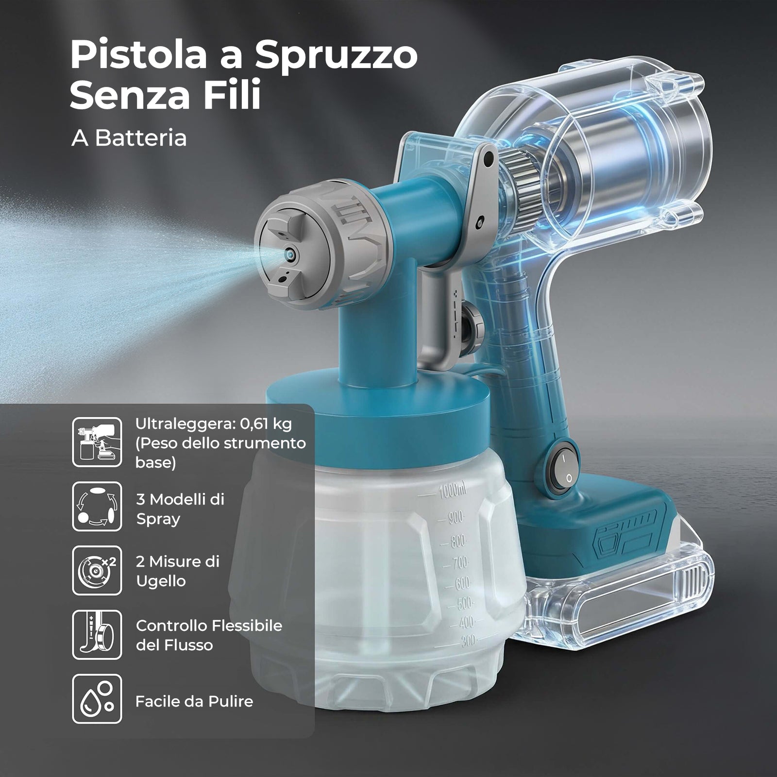 Tilswall Pistola Vernice Batteria 18V 1000ml 2 Ugelli 450ml/min