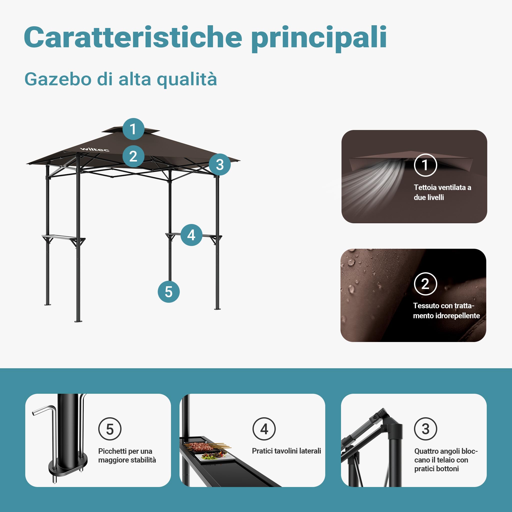 Wiltec gazebo barbecue 2,45x1,52 m caffe con ripiani telo UV50+